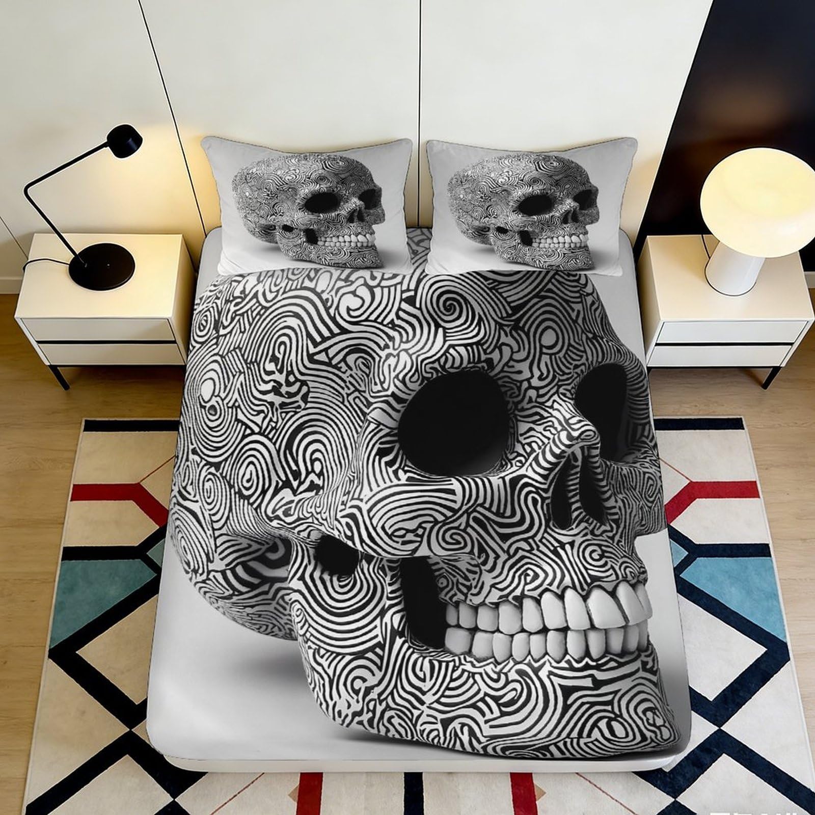 Jqzkxnhpbr Style-1 3D Printed Ornate Skull Fitted Sheet Microfiber Black White Tattoo Skull Mattress Cover For Bedroom Dorm Decor 90X200x25cm