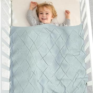 Hadetoto 100% Cotton Cellular Baby Blanket for Girls Boys - Light Blue | Soft Knit, Newborn Essentials Gifts, Lightweight, Nursery Bedding