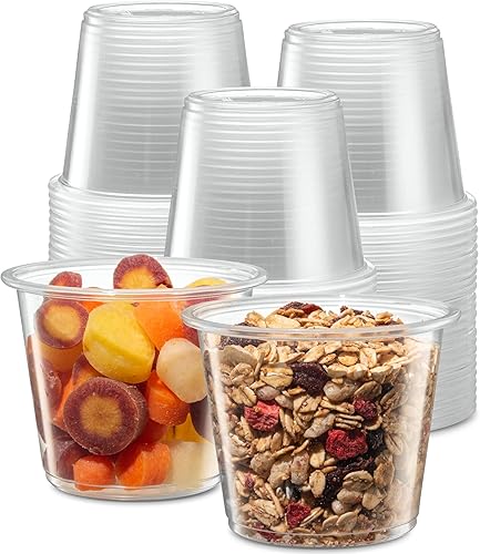 5 onzas, 200 tazas Vasos de plástico transparente sin tapas, pequeños recipientes para control de porciones, chupitos de gelatina, preparación de