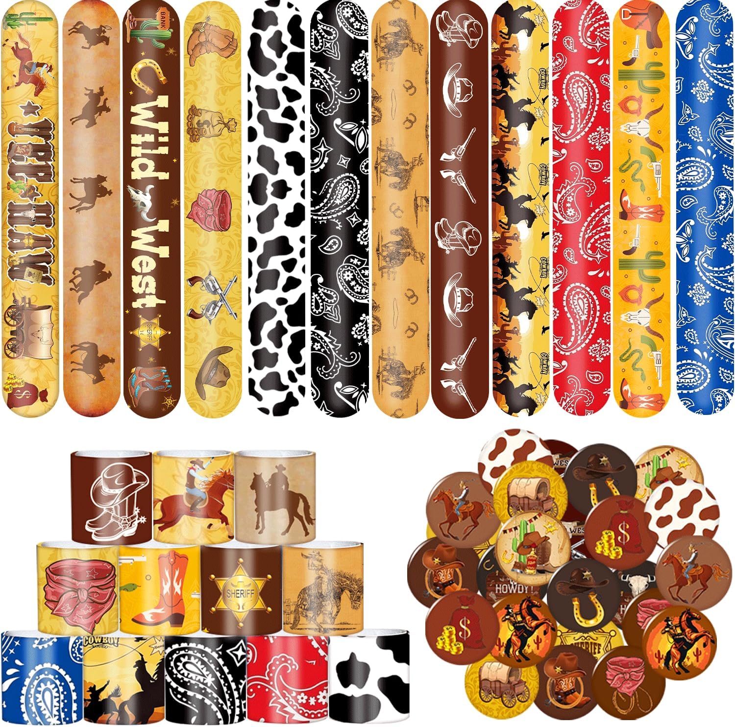 48 PCS Western Cowboy Party Decoration Favors 24PCS Wild Western Button Pins 24PCS Western Cowboy Cowgirl Slap Bracelets Cool Western Rodeo Themed Birthday Party Supplies Cowboy Lover Gifts