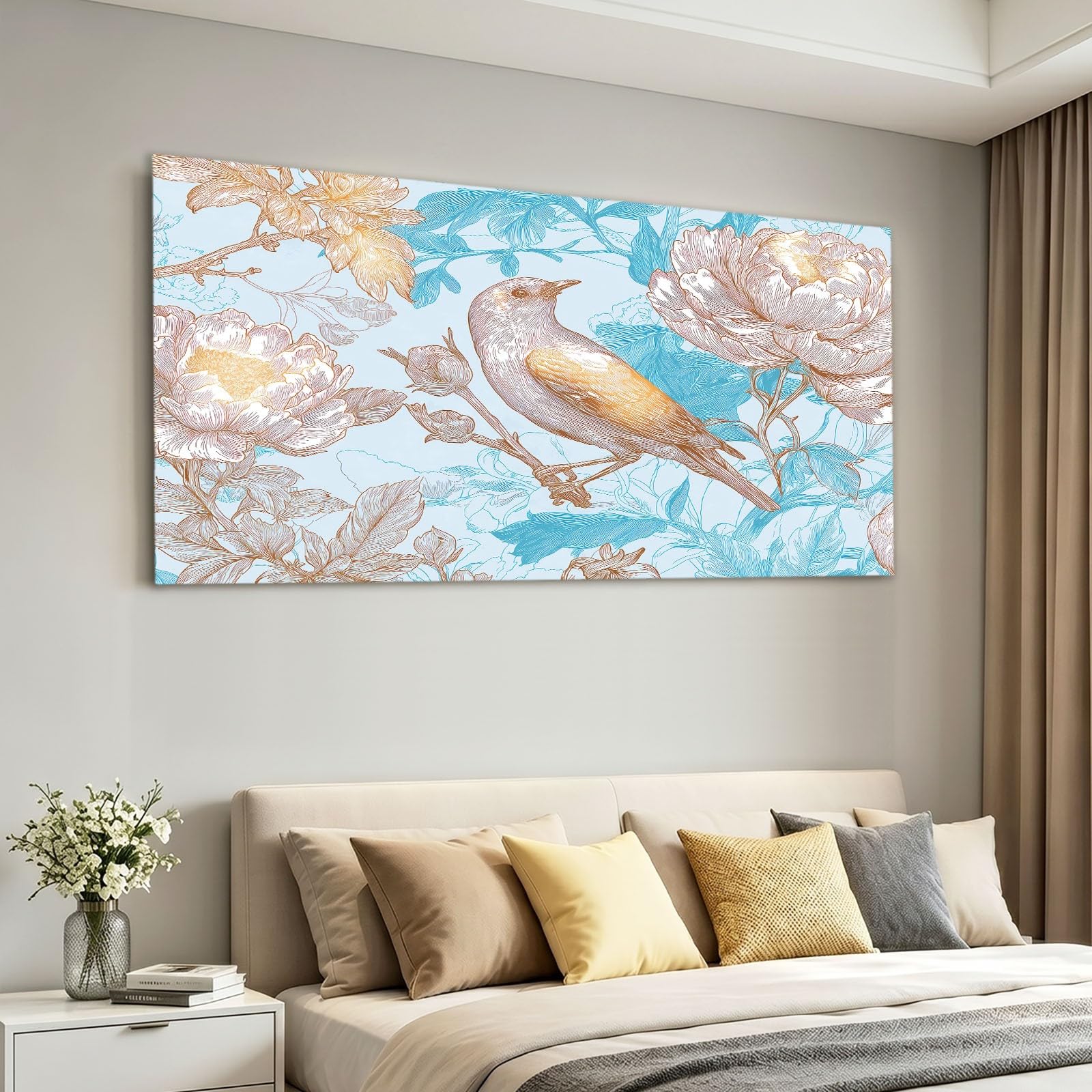 Obraz ścienny z ramą 120 x 80 cm, orientalny chiński, obraz na płótnie do salonu, sypialni, kuchni, biura - niebieskie kwiaty, ptak, gałęzie, liście, dekoracja ścienna