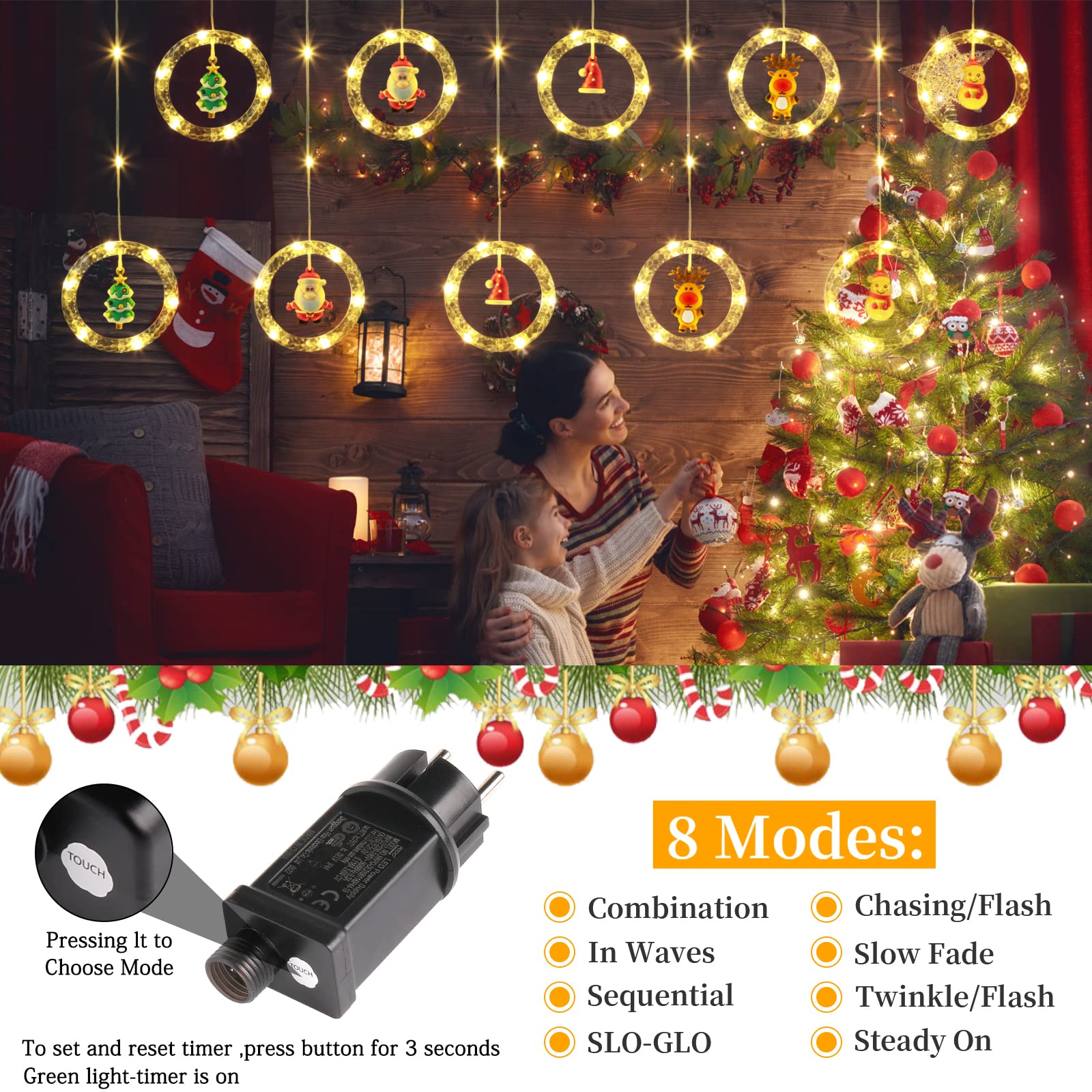 GlobaLink 3M x 0.7M Cortina Luces Navidad Enchufe con 10 Anillos Estatua, Impermeables 8 Modos Adornos para Natal Ventana Bodas Exterior Interior, Luz de Cadena Guirnalda, 100 LED, Blanco Cálido