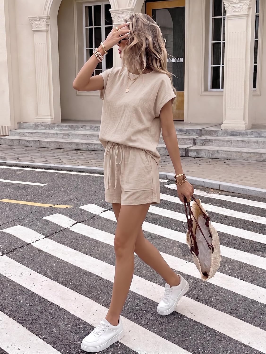 COCCKO Women's 2 Piece Linen Shorts Set Summer Cap Sleeve Top High Waisted Drawstring Shorts Casual Outfits with Pockets 2026