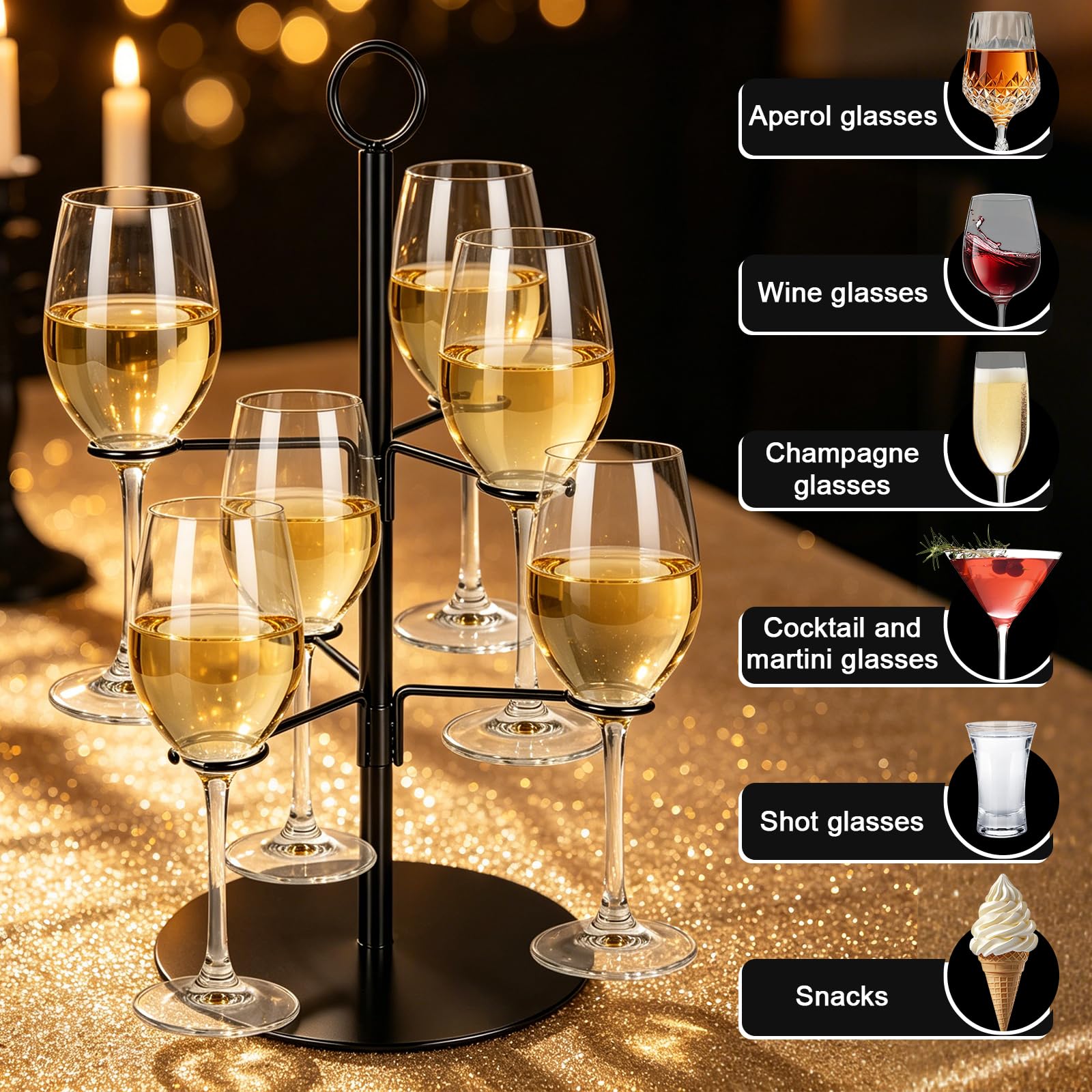 Arbre à Cocktail,2 Niveaux 6 Supports pour Verre à Vin,Tour à Cocktail en Métal pour Fête de Mariage,Tour à Champagne,Support de Bar et Boisson,Pour Verres à Vin,Boissons,Cocktails,Martini,Margarita