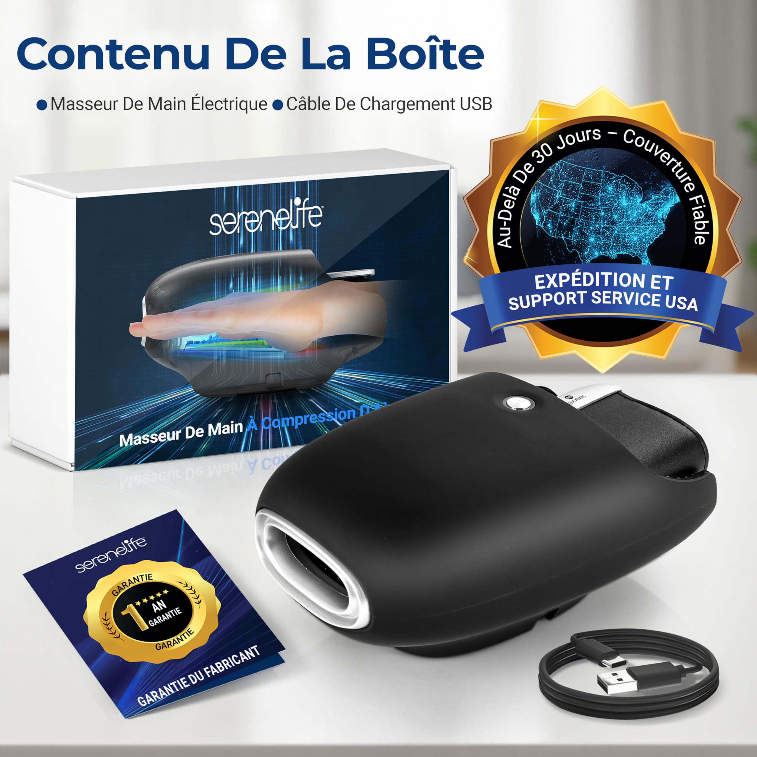 SereneLife Masseur de Main Intelligent avec Chaleur, Compression et Pétrissage, 6 Modes, 6 Niveaux d'Intensité, Masseur Électrique pour Détente des Mains, Réduction du Stress et Soulagement