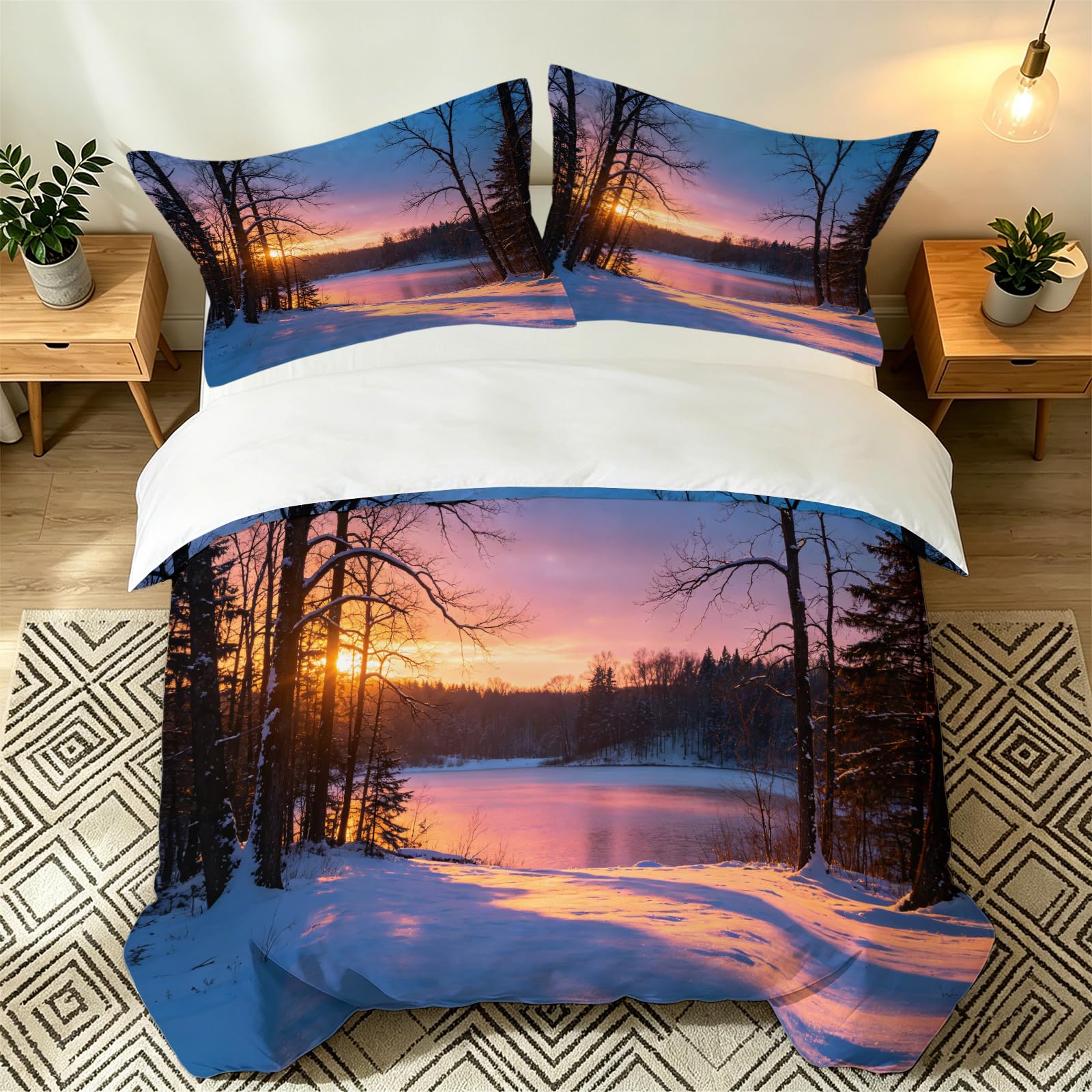 Parure de lit 1 personne coucher de soleil enneigé pour chambre chalet cocooning