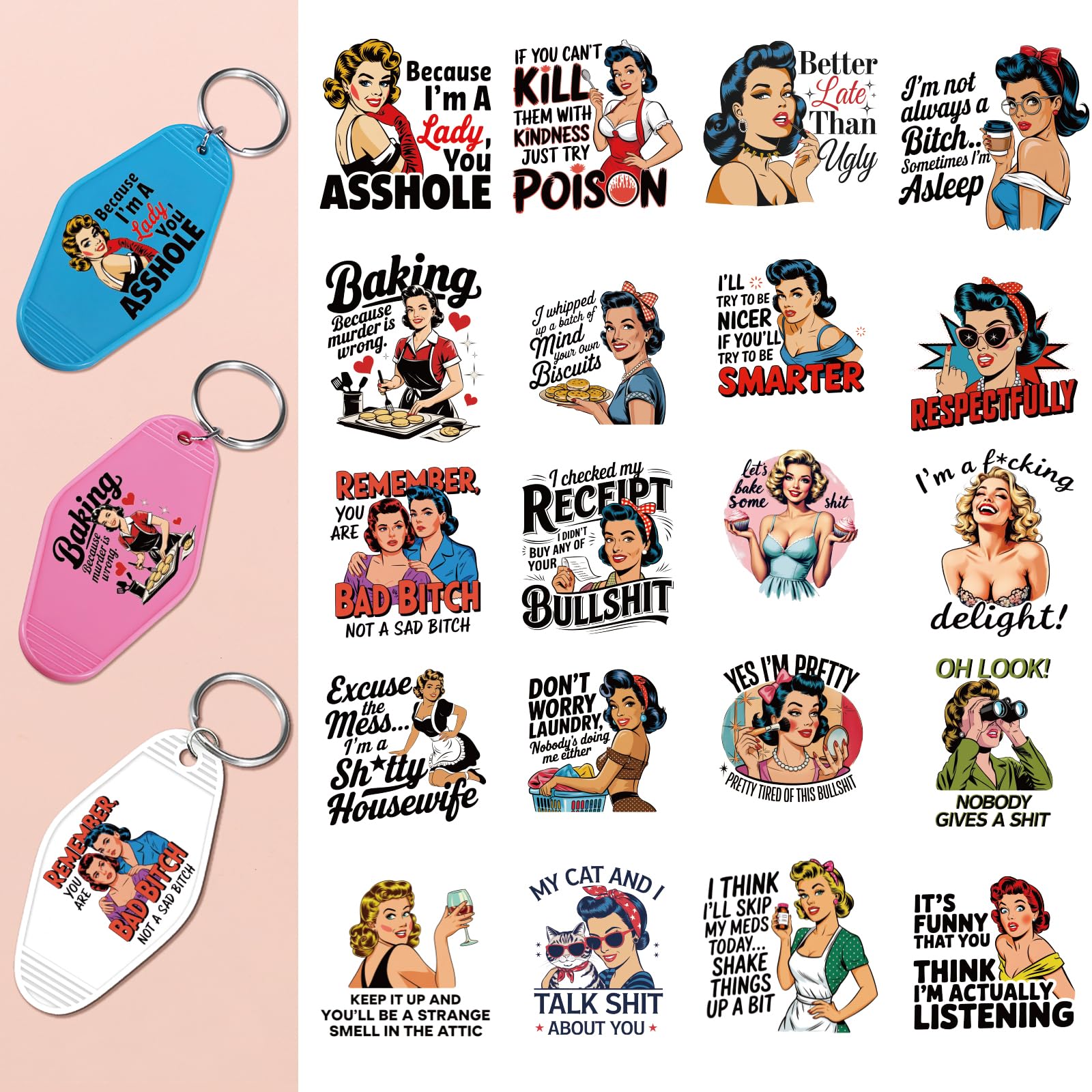 Vintage Women UV DTF Stickers - 80 Sheets Funny Sassy Mom Rub on Cold Transfer Sticker for Motel Keychain, Fun Housewife UV DTF Wraps Decals DIY Hotel Blanks Keychain Decorations Gift for Women