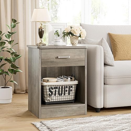 Miniatura 5 de FOTOSOK Juego de 2 mesitas de noche, mesa auxiliar de 2 niveles con cajón y estante de almacenamiento, mesa auxiliar de mesita de noche, mesita de