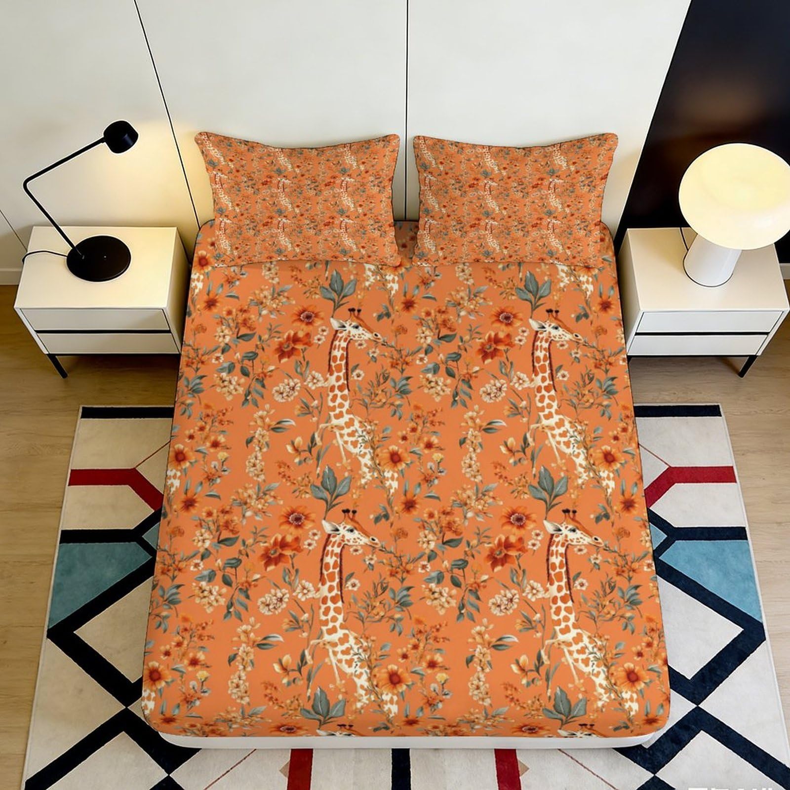 Pnayamiorkfel Style-1 3D Printed Orange Giraffe Floral Fitted Sheet Microfiber Breathable Mattress Cover Bedding Decor For Bedroom Guestroom 90X200x25cm