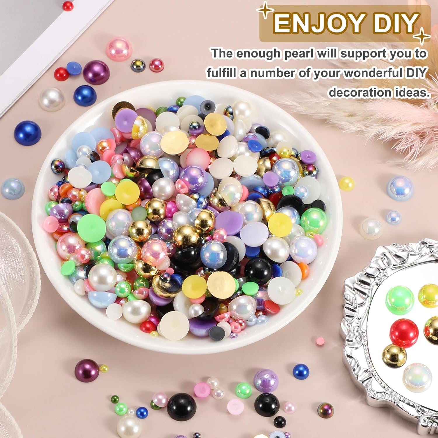 MECCANIXITY 200Pcs Half Pearl for Crafts, 12mm Plastic Half Flatback Imitation Pearls Cabochon Loose Beads Rhinestone for DIY Crafts Clothing Tumbler Shoes Embellishment Nail (Light Gold) - Image 4