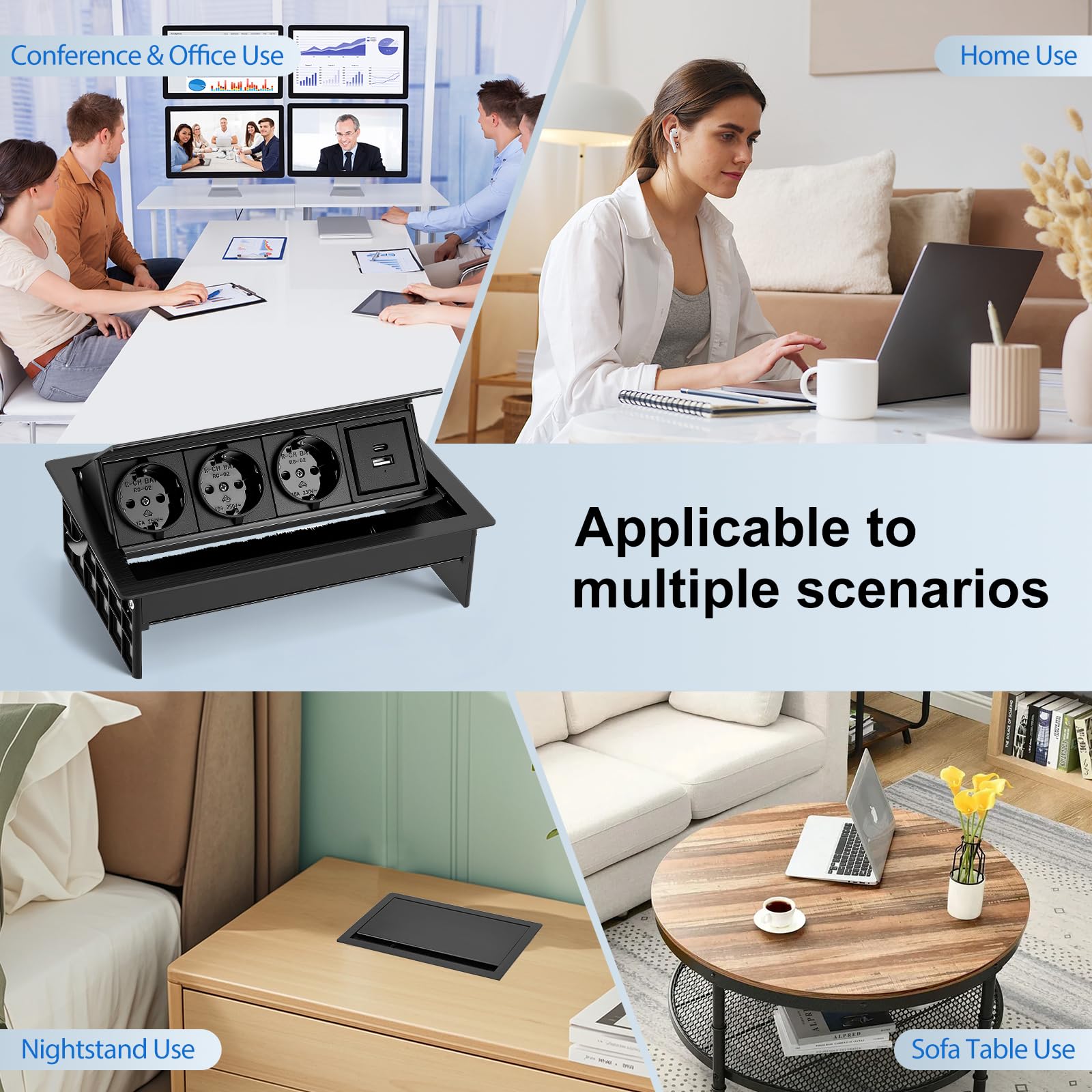Presa Scomparsa 3 Prese, 1 USB-C 1 USB-A, Multipresa da Tavolo Alluminio, Multipresa Scomparsa Incasso Tavolo, Cavo di Alimentazione 2m, 20W USB, per Ufficio, Sala Giochi, Sale Riunioni, Cucina 2500W