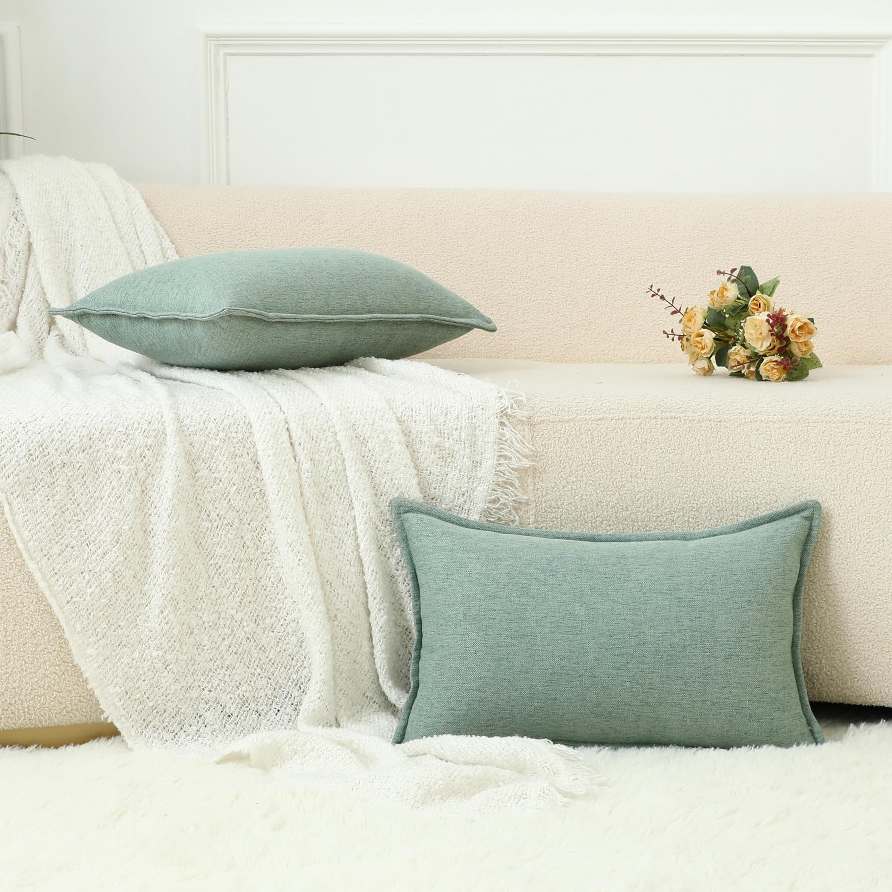 LIGICKY Set of 2 Sage Green Linen Lumbar Cushion Covers 12x20 Inch Decorative Rectangle Throw Pillow Covers for Living Room Couch Bed Sofa Rustic Farmhouse Boho Home Decor - Image 2