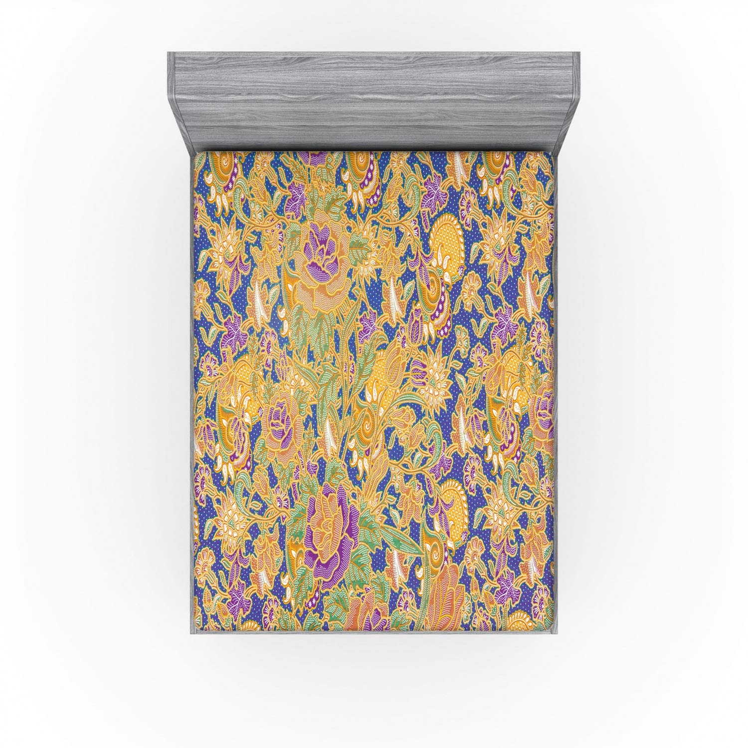 Ambesonne East Fitted Sheet, Graphic Image of an Indonesian Batik Style Pattern with Flowers Traditional Vintage, Bed Cover with All-Round Elastic Deep Pocket for Comfort, King Size, Marigold