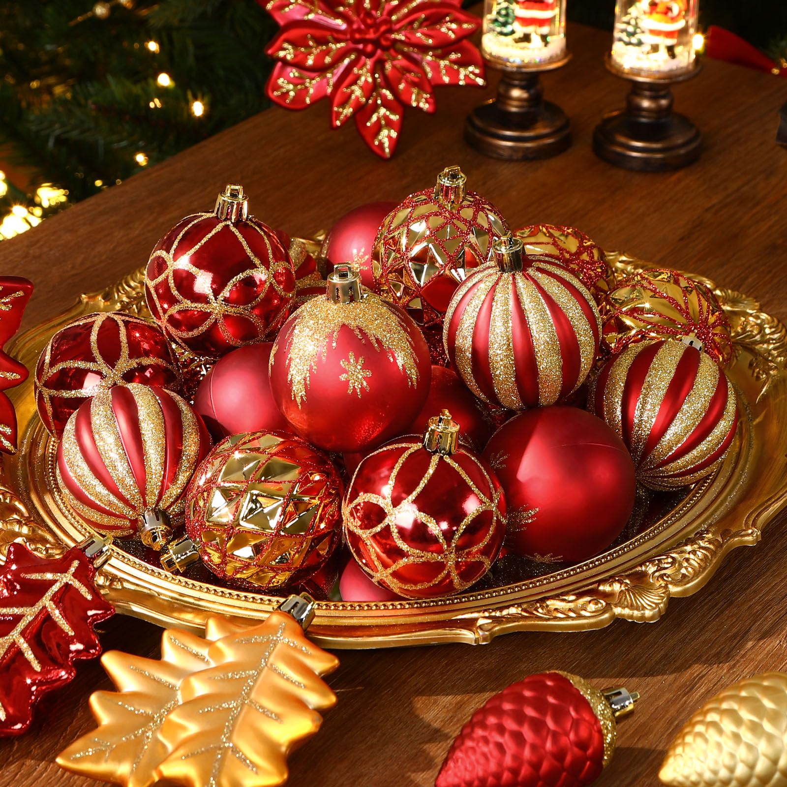 SHareconn 2025 Nuovo set di ornamenti di 106pcs Baubles di Natale, Baubles decorativi di plastica infrangibile per decorazioni dell'albero di Natale, Rosso rubino E Oro