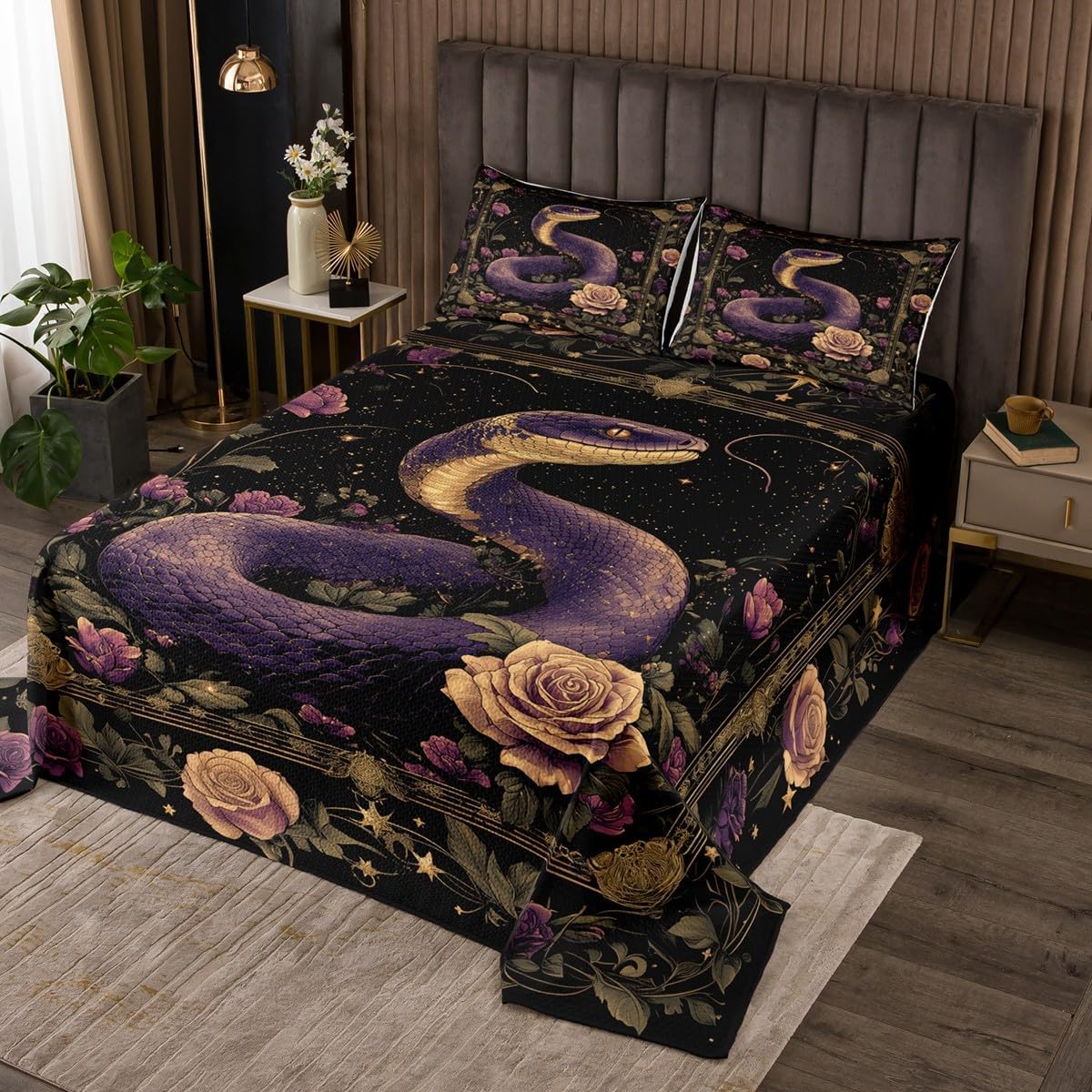Homewish Flower Snake Bedspread Twin Size,Vintage Floral Animal Bedding Set for Kids Girls Boys Room Decor,Glitter Star Moonlight Coverlet Set 2Pcs,Snake Animal Blossom Plant Quilt,1 Pillowcase