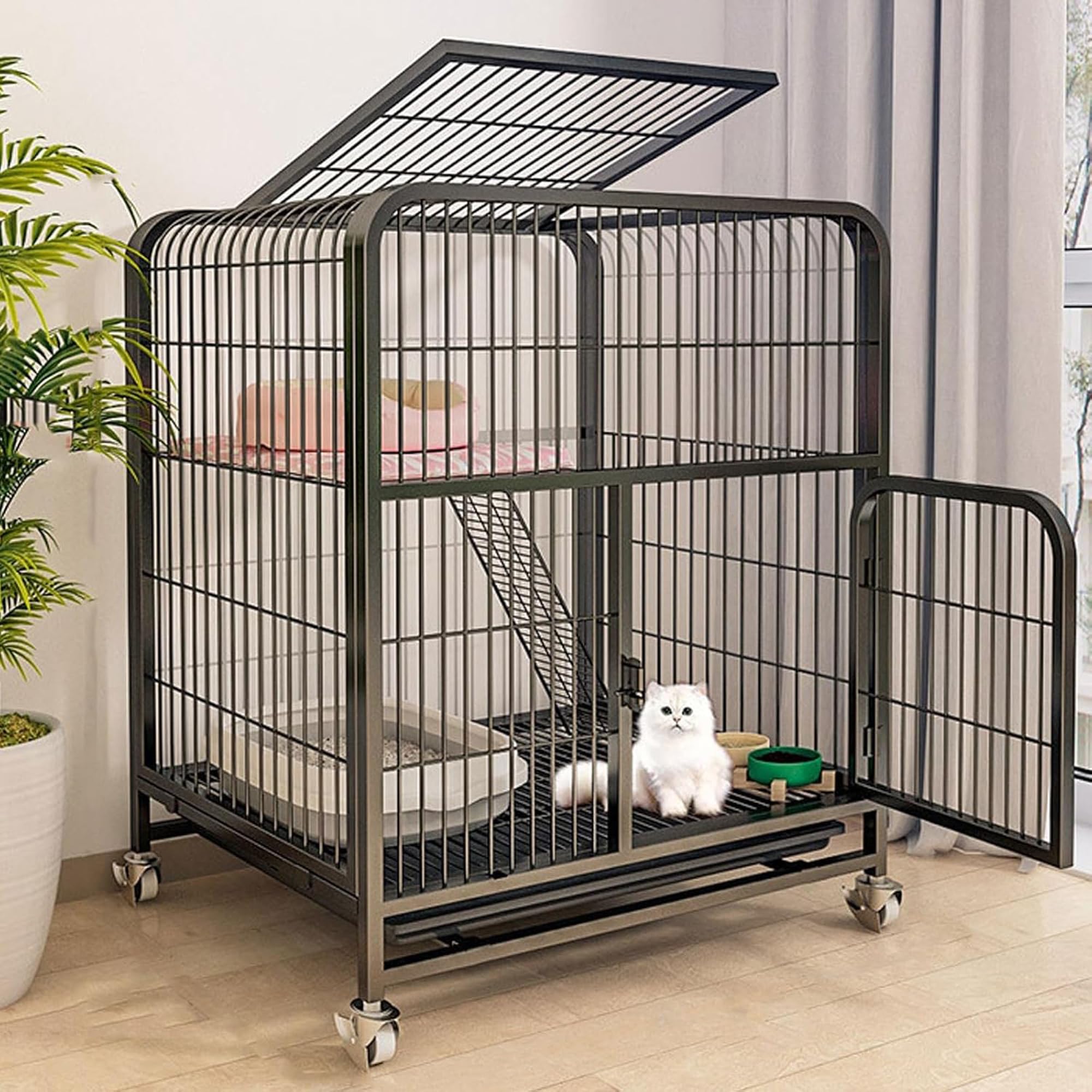Cat Cage Outdoor Enclosure, Rolling Pet Playpen with 360° Wheels, Hammock, Ladder, and Pull-Out Litter Tray for Indoor/Outdoor Use