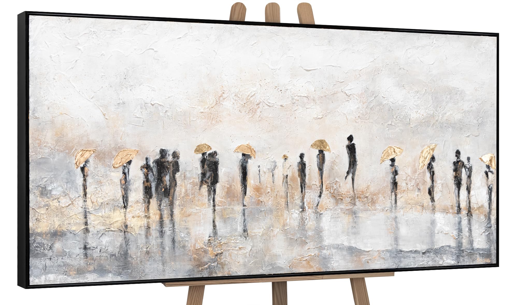 Ys Summer Rain -Art Hand-Painted Acrylic Painting In Frame Textured Abstract Artwork In Gold Grey Color Modern Art People Figurines 48X24 Inches