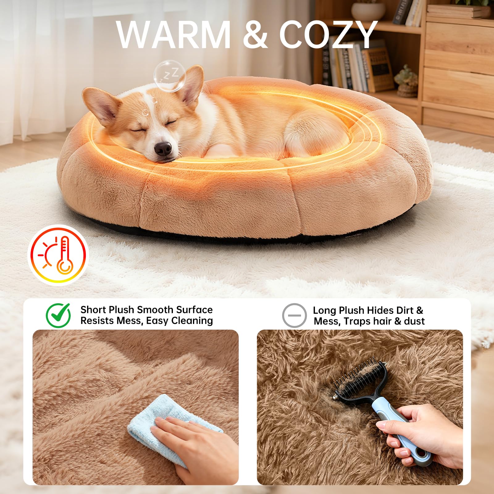 OhGeni 31 inches Calming Donut Orthopedic Dog & Cat Bed for Medium Pets, Warming Comfort Fluffy Short Pile Fur, Durable Waterproof Machine Washable Removable Cover, Cute Round Bed for Puppy, Camel - image 2