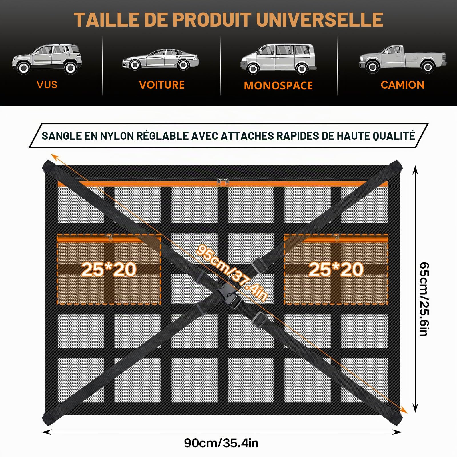 Filet de Rangement pour Toit de Voiture, Filet Plafond 90x65 cm | Organiseur Élastique en Maille avec Sangles Réglables et Poches Zippées, Grand Sac Universel pour Voiture, SUV, Van