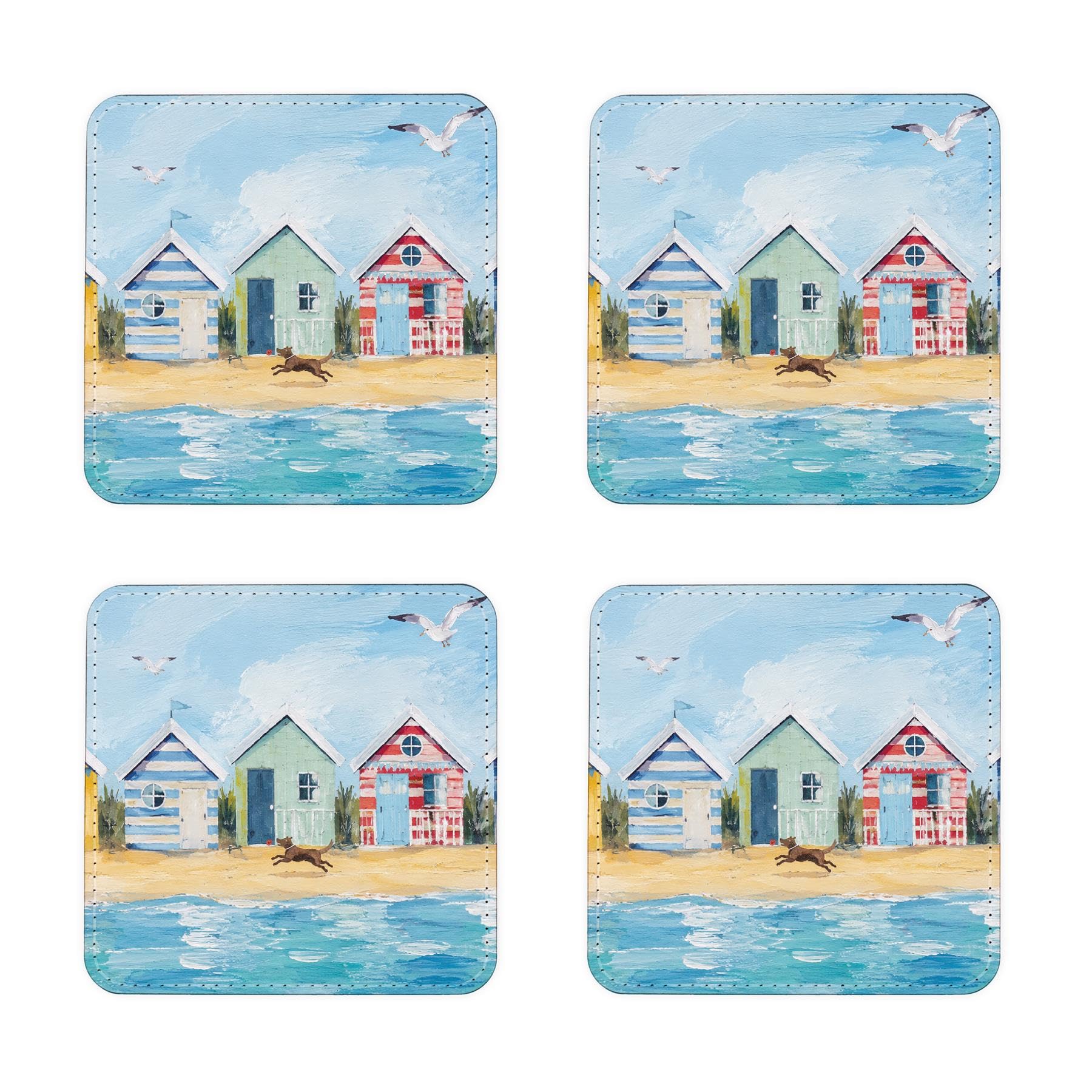 Seaside Beach Huts Faux Leather Coasters - Wipeable Table Decor, Set of 4