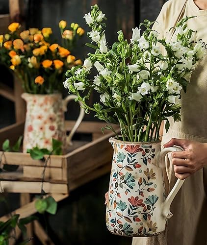 Jarrón de cerámica vintage con diseño de flores coloridas con asa, jarrón retro esmaltado con hielo para decoración del hogar, sala de estar,