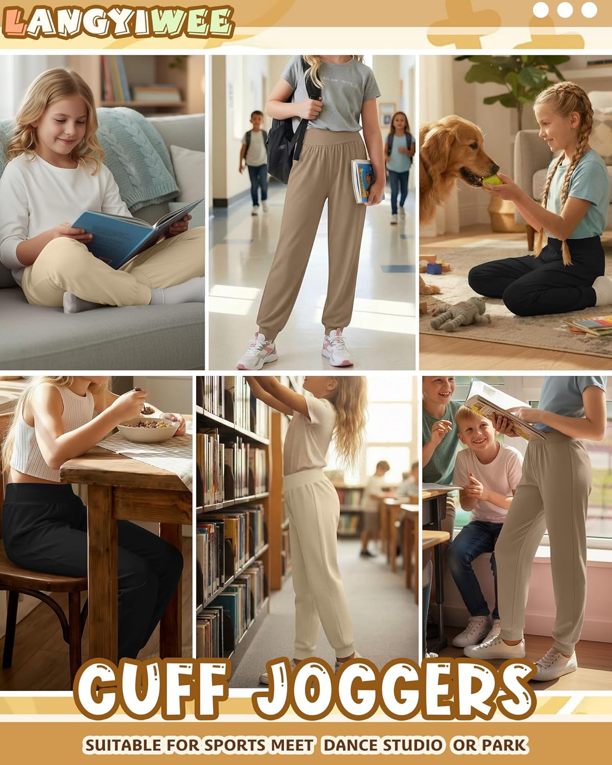 3 Pack Girls' Jogger Pants High Waisted Athletic Sweatpants for Kids Casual Soft Cuff Joggers Ages 5-14 - Image 2