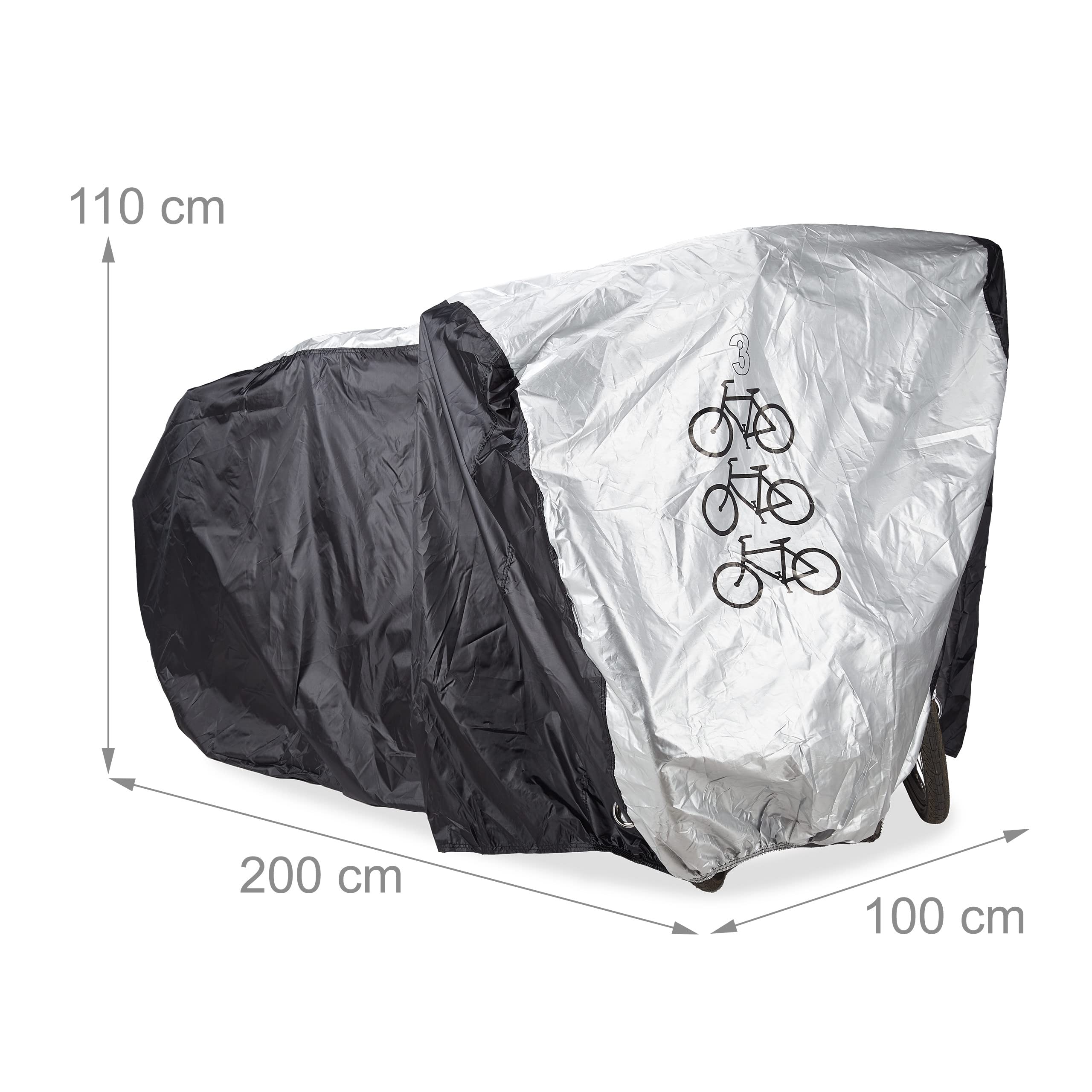 Relaxdays Cubierta bicis, para 3, 110 x 200 x 100 cm, Funda Bicicletas, con Bolso, plástico, Negro y Plateado, Poliéster