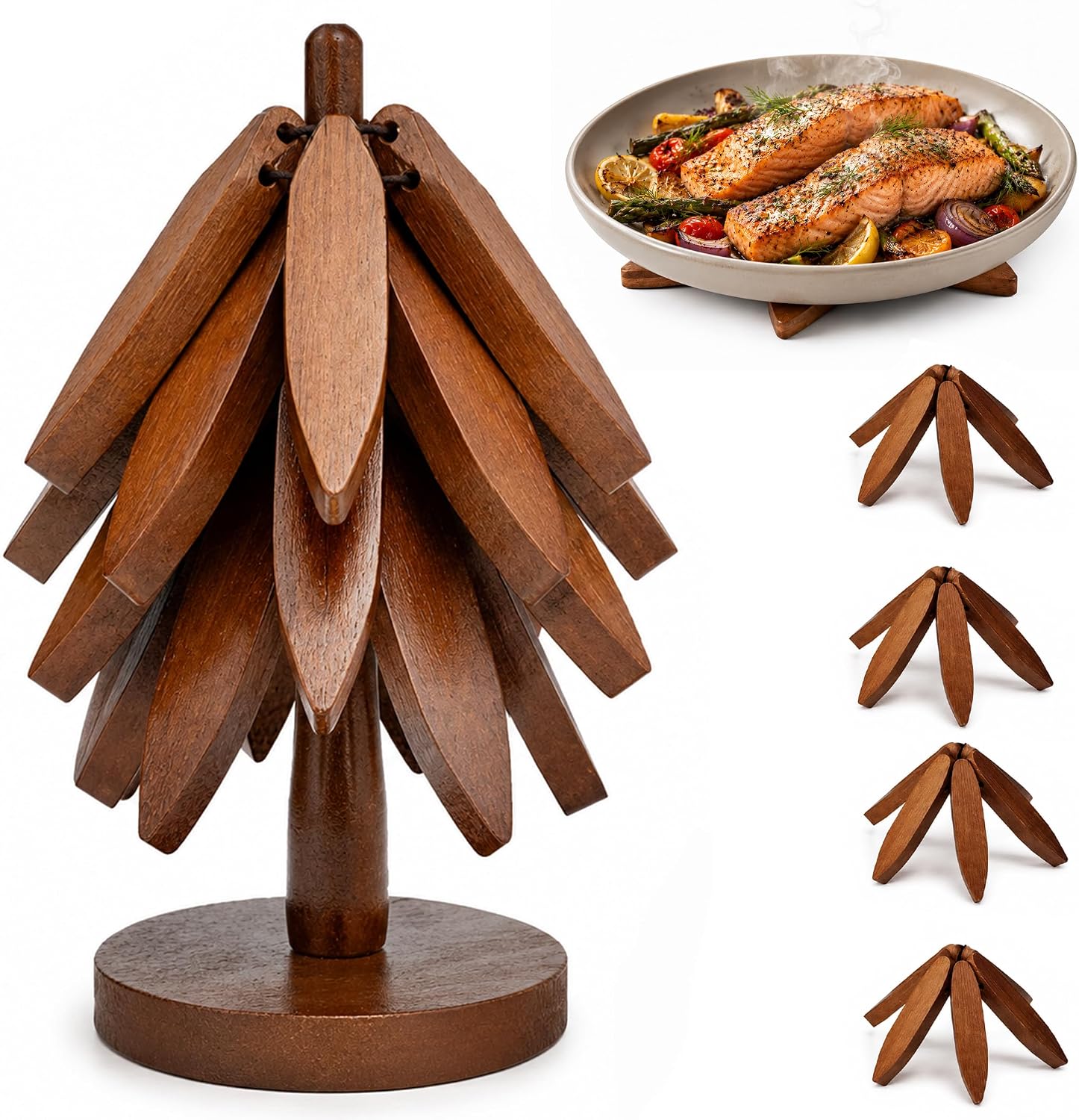 Tree Shaped Wooden Trivets for Hot Dishes, Pots & Pans - Hot Pads | Heat-resistant countertop protection, compact folding tree design, natural wood kitchen decor, dining table gift set