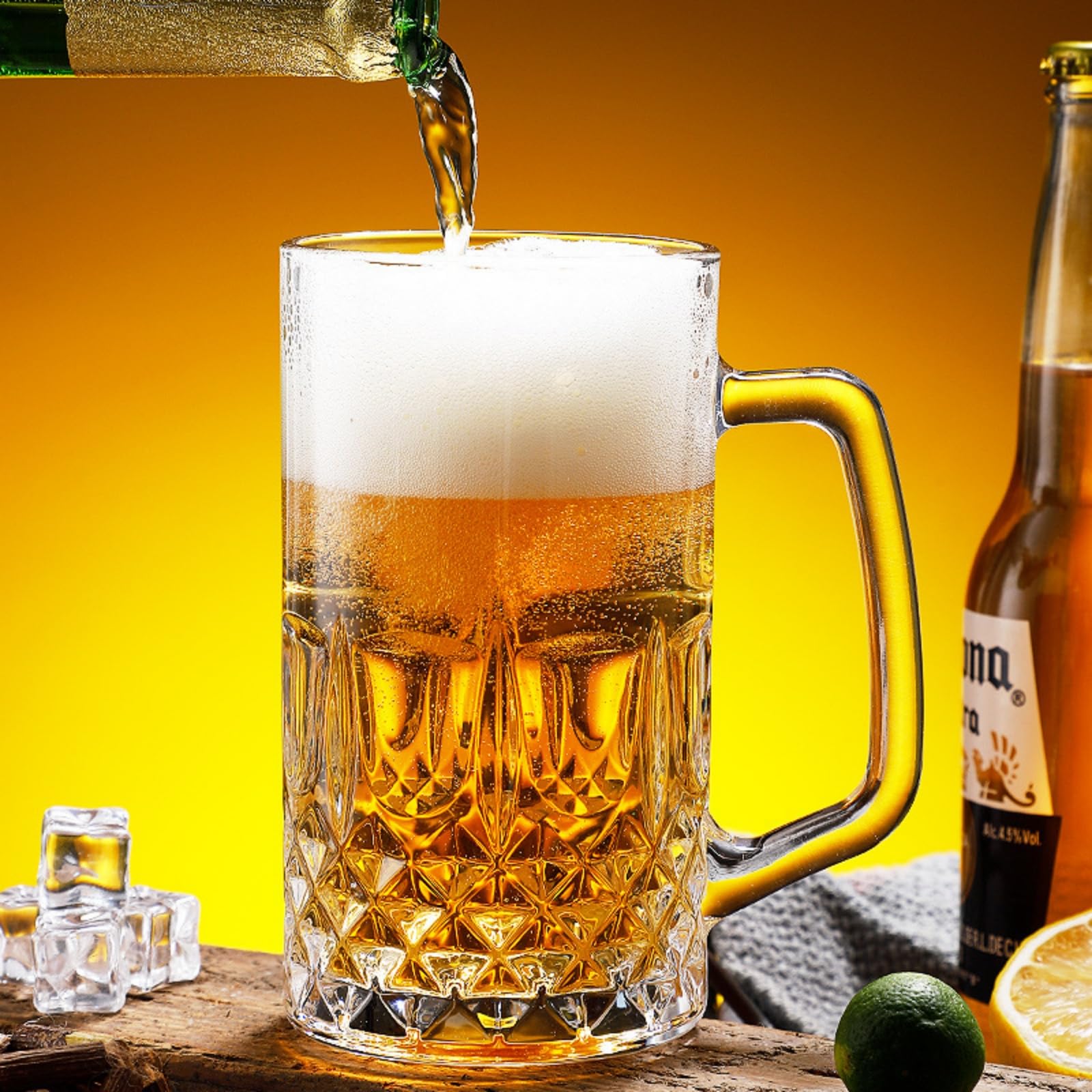 Jarra de cerveza de cristal para congelador, jarra de cerveza grande y pesada de 21 onzas con asa, vasos de vidrio transparente esmerilado para cerveza de raíz, agua, beber, 2 unidades
