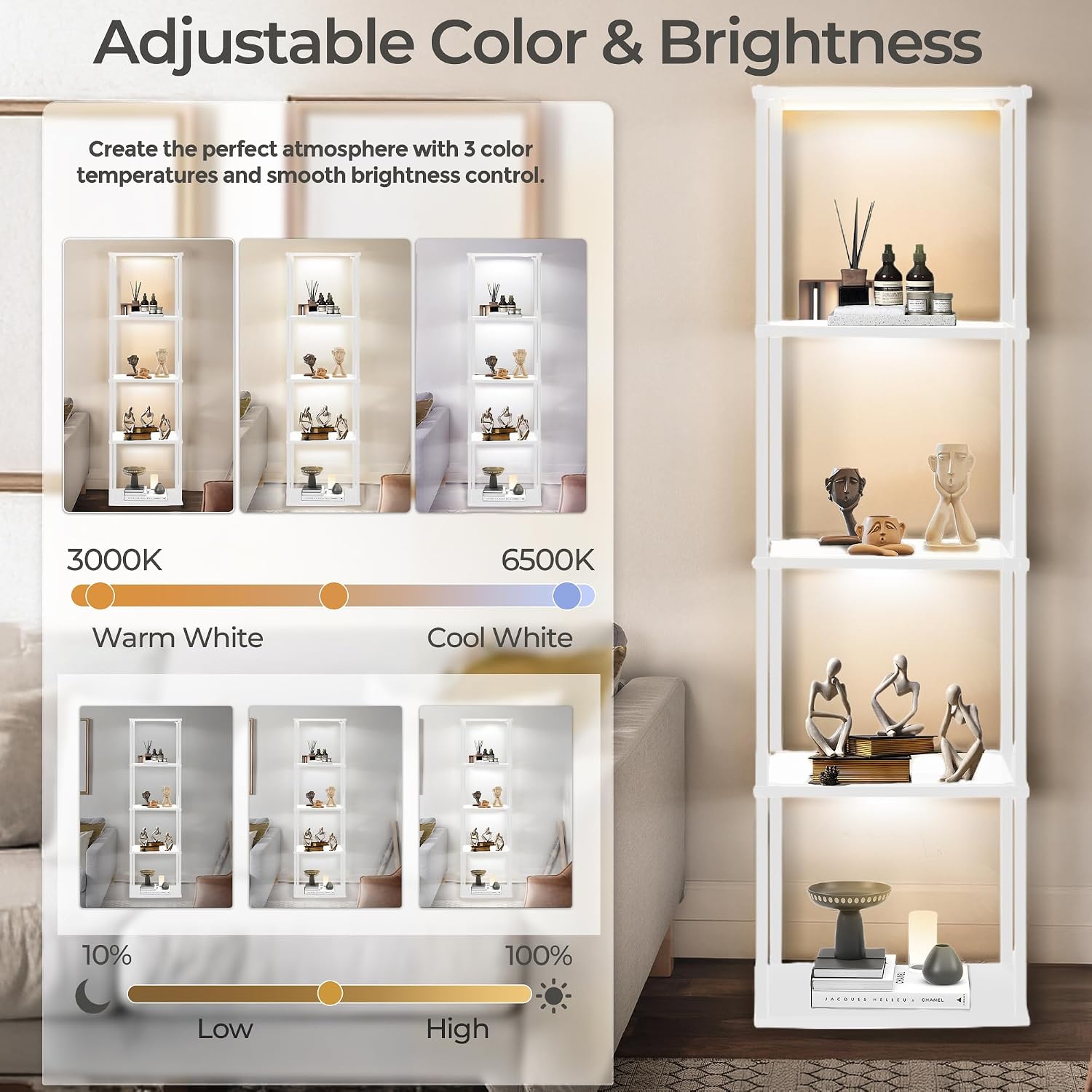 Tall Display Shelf Floor Lamp, Dimmable LED lamp with 3 Color Temperatures, Sturdy Glass Curio Cabinet Bookcase with Remote Control, Floor Lamp with Shelves for Living Room Decor, Collectibles (White)