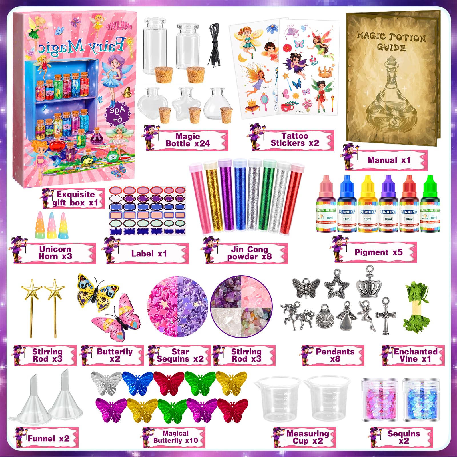 MULEVIP Zestaw magicznych mikstur dla dzieci, zestawy wróżkowych mikstur z 24 magicznymi butelkami, kryształy energii, motyle, zawieszka, magiczna mikstura Kreatywne prezenty DIY dla dziewczynek