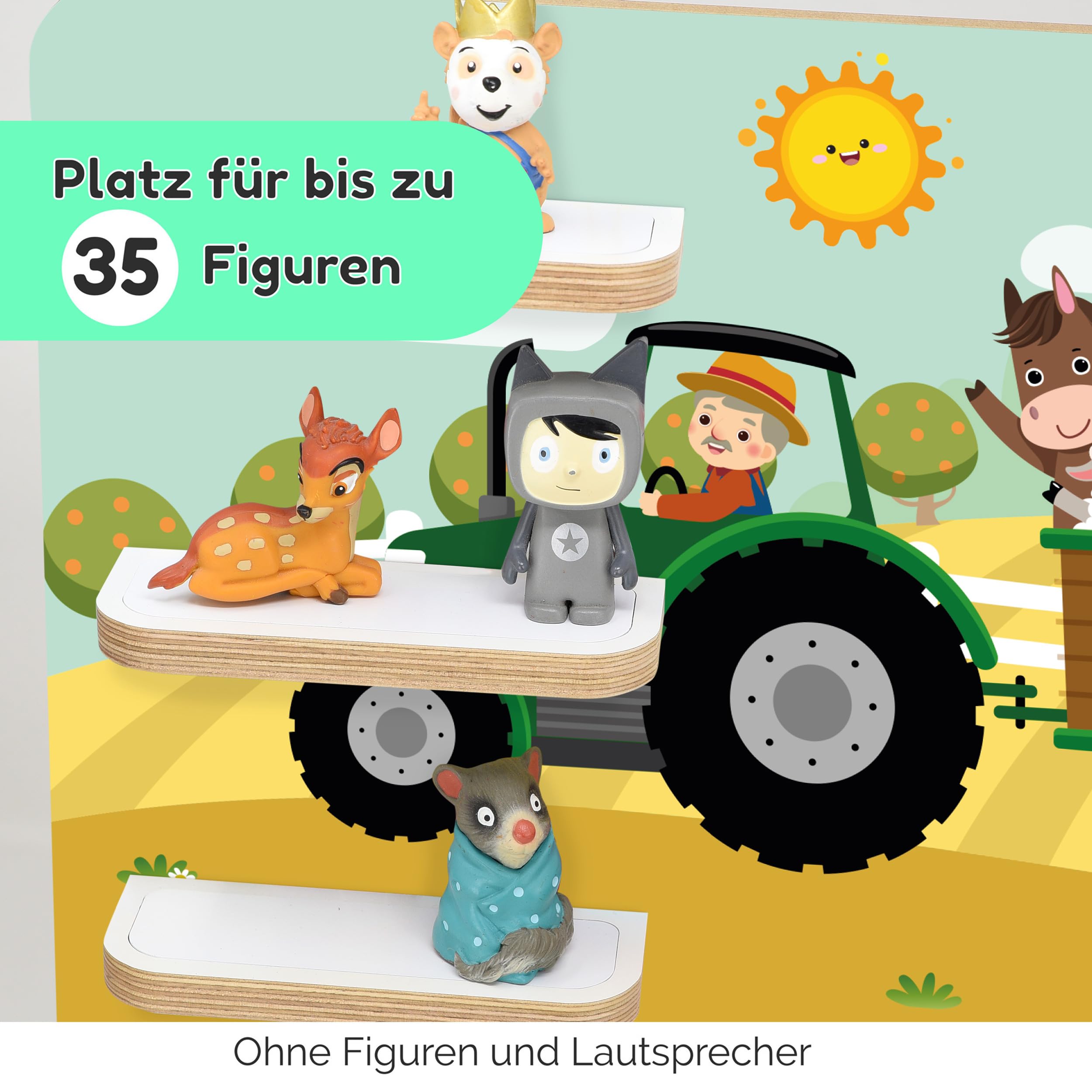 stadtecken Holzregal für Musikbox I Passend für die Toniebox und ca. 35 Tonies I Perfekte Aufbewahrung im Kinderzimmer I zum Aufstellen oder Aufhängen (Bauernhof)