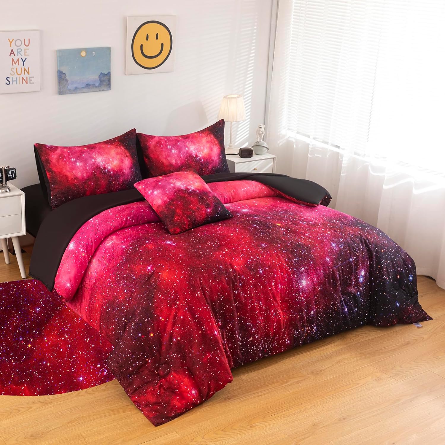 6 Pcs Red Galaxy Full Size Comforter Set Kids Girls Teen, Starry Night Sky Space Bedding Sets Full for Bedroom Decor (1 Comforter, 1 Flat Sheet, 1 Fitted Sheet, 1 Cushion Cover, 2 Pillowcases) image 5