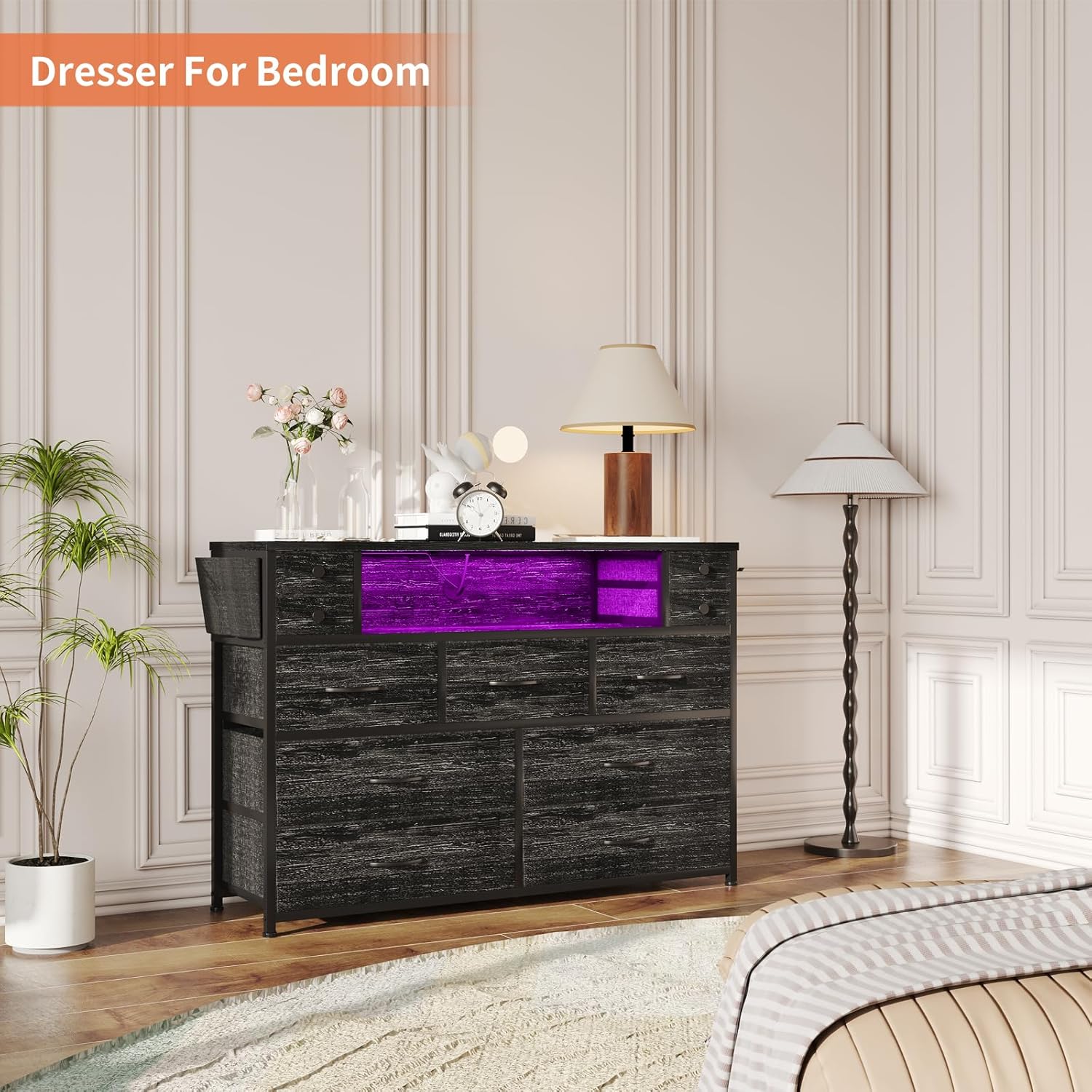 Dresser TV Stand with Power Outlets and LED Lights for 55'' TV, 11 Drawers Dresser with Side Pocket, Fabric Chest of Drawers with PU Finish, Sturdy Frame & Wood Top (Charcoal Black)