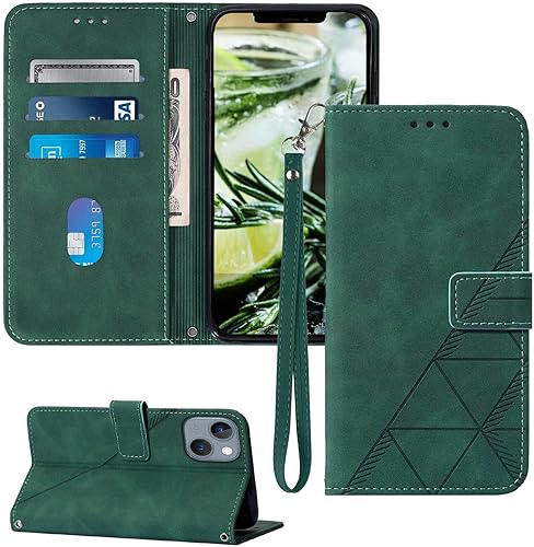 Funda tipo cartera para iPhone 13iPhone 14, función atril, correa de muñeca, ranuras para tarjetero, funda protectora interior de poliuretano