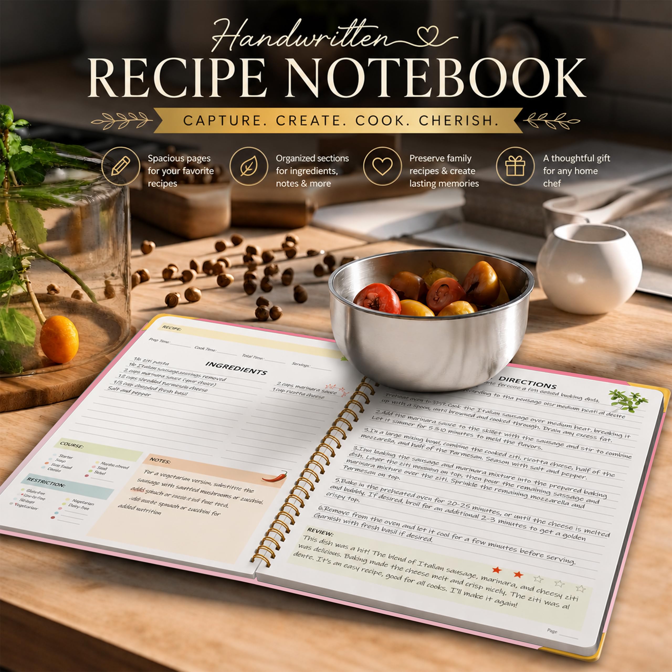 meDolove Libro de recetas para escribir en tus propias recetas, diario de recetas, libro de cocina en blanco, 7 x 10 pulgadas, cuaderno de recetas para organizar tus recetas para la cocina, color rosa