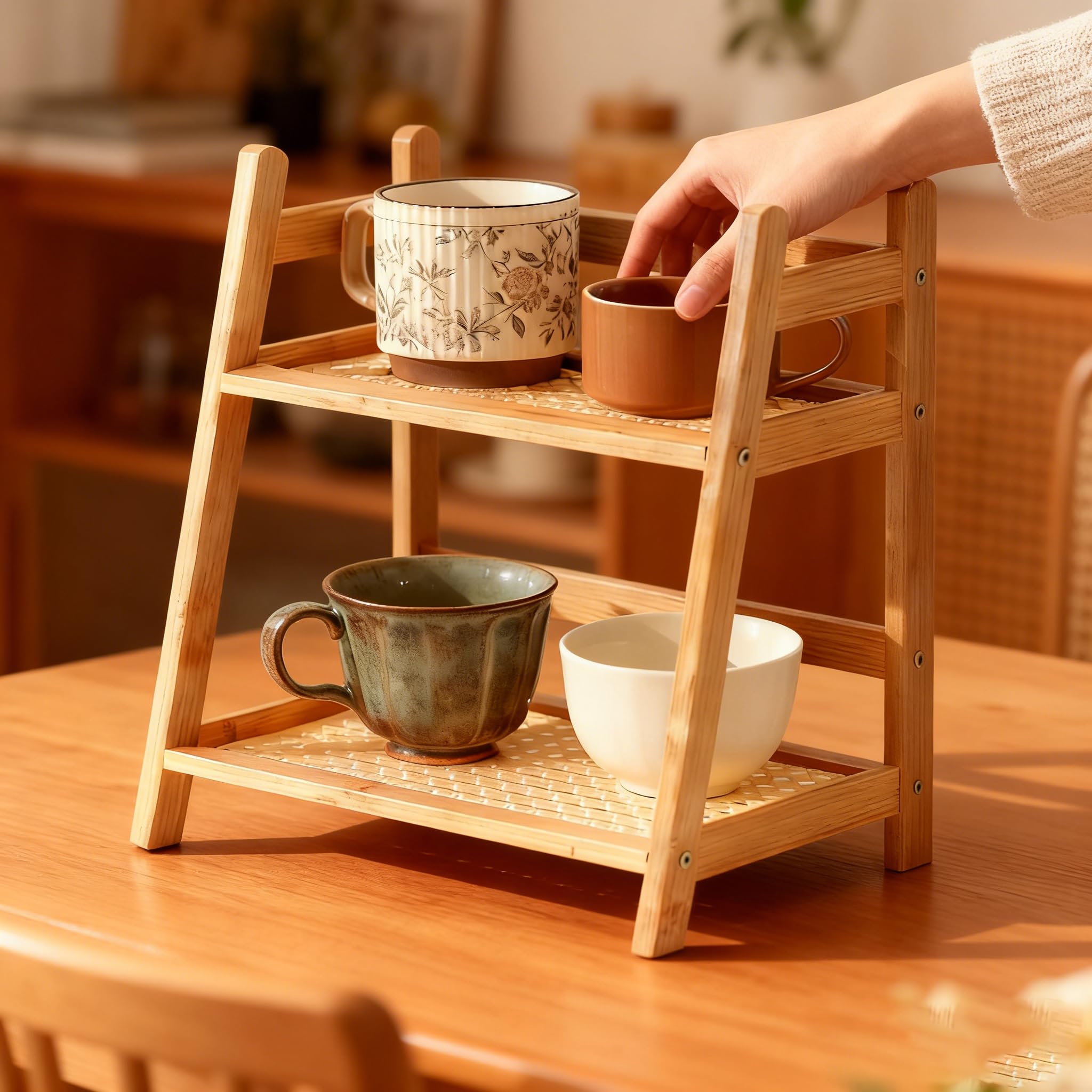 Wicker-Look 2-poziomowy stojak do przechowywania herbaty i kawy – stylowe kuchenne półki na szafki z naturalnego drewna, 26,5 x 18 x 28,5 cm, oszczędność miejsca, do domu i kawiarni