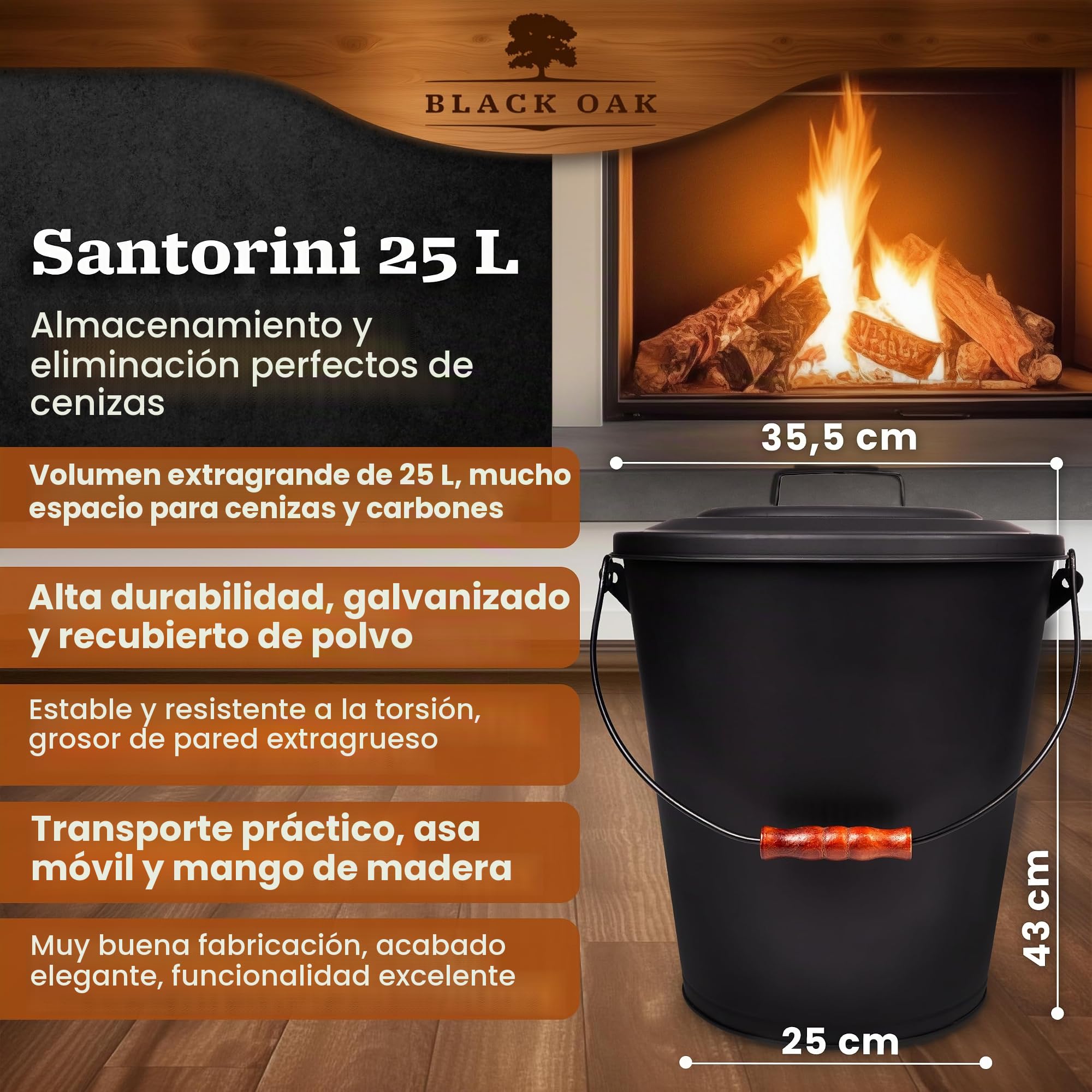 BLACK OAK Cubo de cenizas Santorini, 25 l, negro con tapa, XXL, extra grande, 25 litros, acero galvanizado a prueba de fuego, con recubrimiento de polvo, ceniza y carbón, accesorio ideal para chimenea