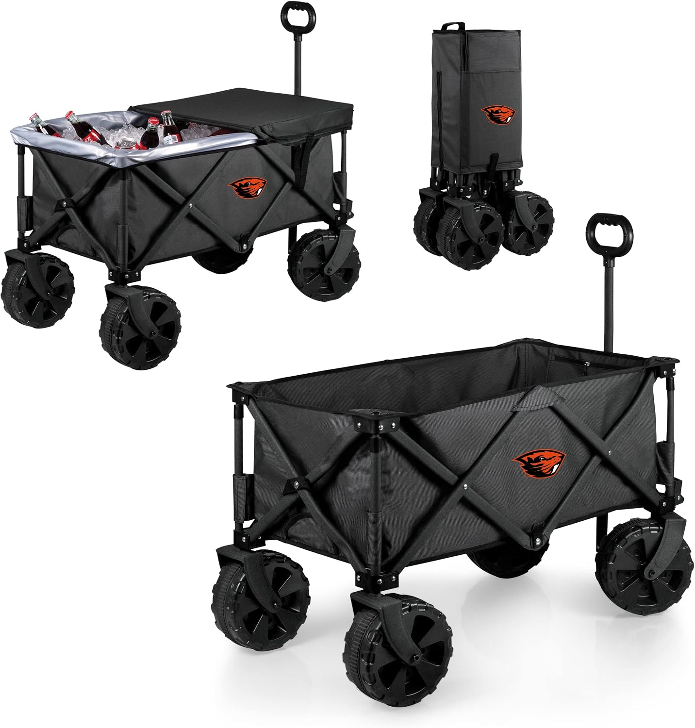 PICNIC TIME NCAA Adventure Wagon Elite All-Terrain Folding Beach Wagon with Big Wheels Plus Table Top Lid & Soft Cooler Liner, (Dark Gray)