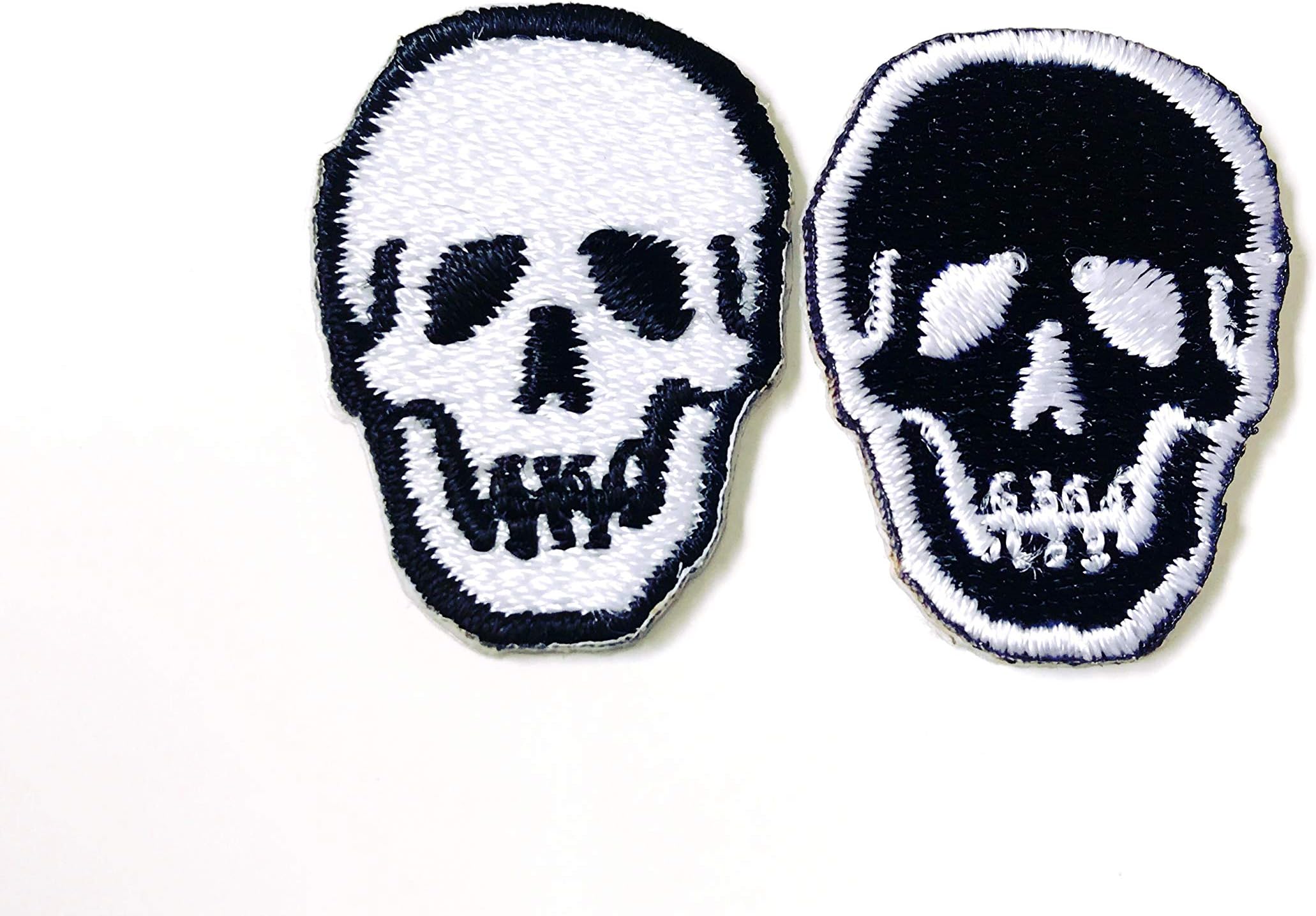 TH Set of 2 Tiny. Mini Black White Skull Skeleton Logo Sew Iron on Embroidered Applique Badge Sign Patch Clothing Costume