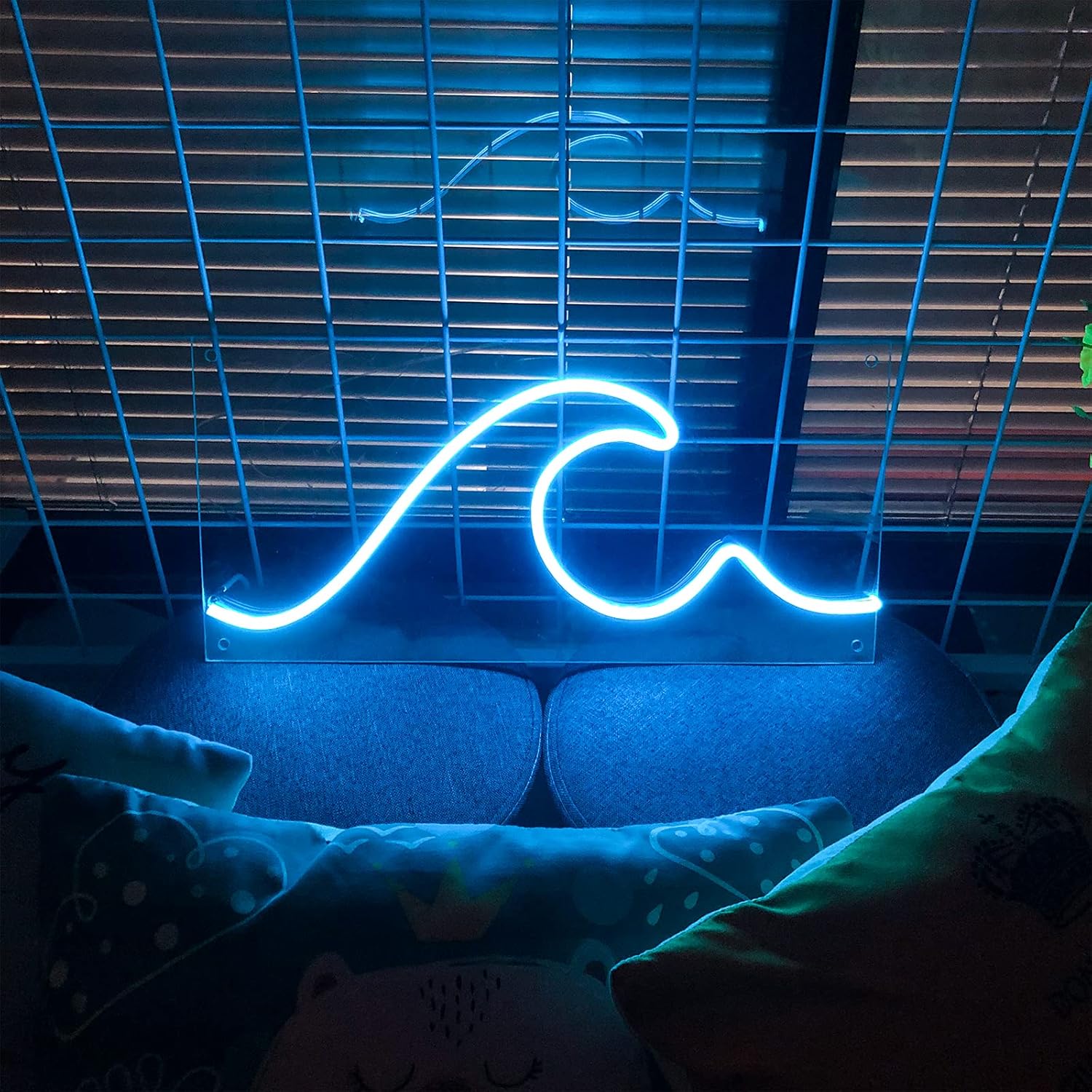 Waves Neon Signs-Transparent Acrylic Light Up Lights Signs Lamp for Room Bedroom Wall Indoor Decor Led Neon Light Sign 23.6×11.4 IN for Bar Christmas Party Wedding Kid Girl Boy Living Room Office Blue