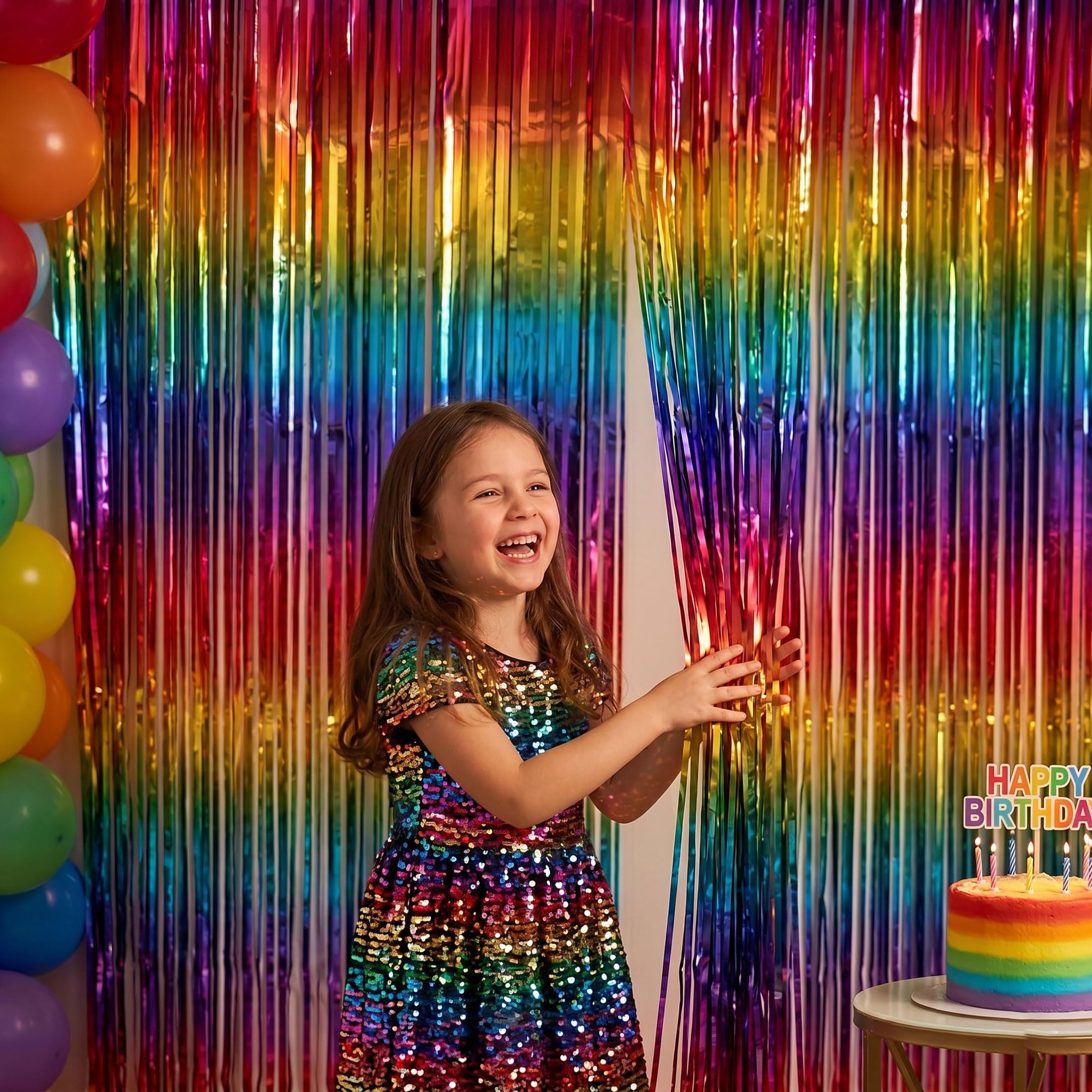 Cortina de flecos de oropel de aluminio con degradado de arcoíris brillante, decoración de fondo para cumpleaños, día del orgullo gay, graduación, boda, compromiso, despedida de soltera, baby shower,