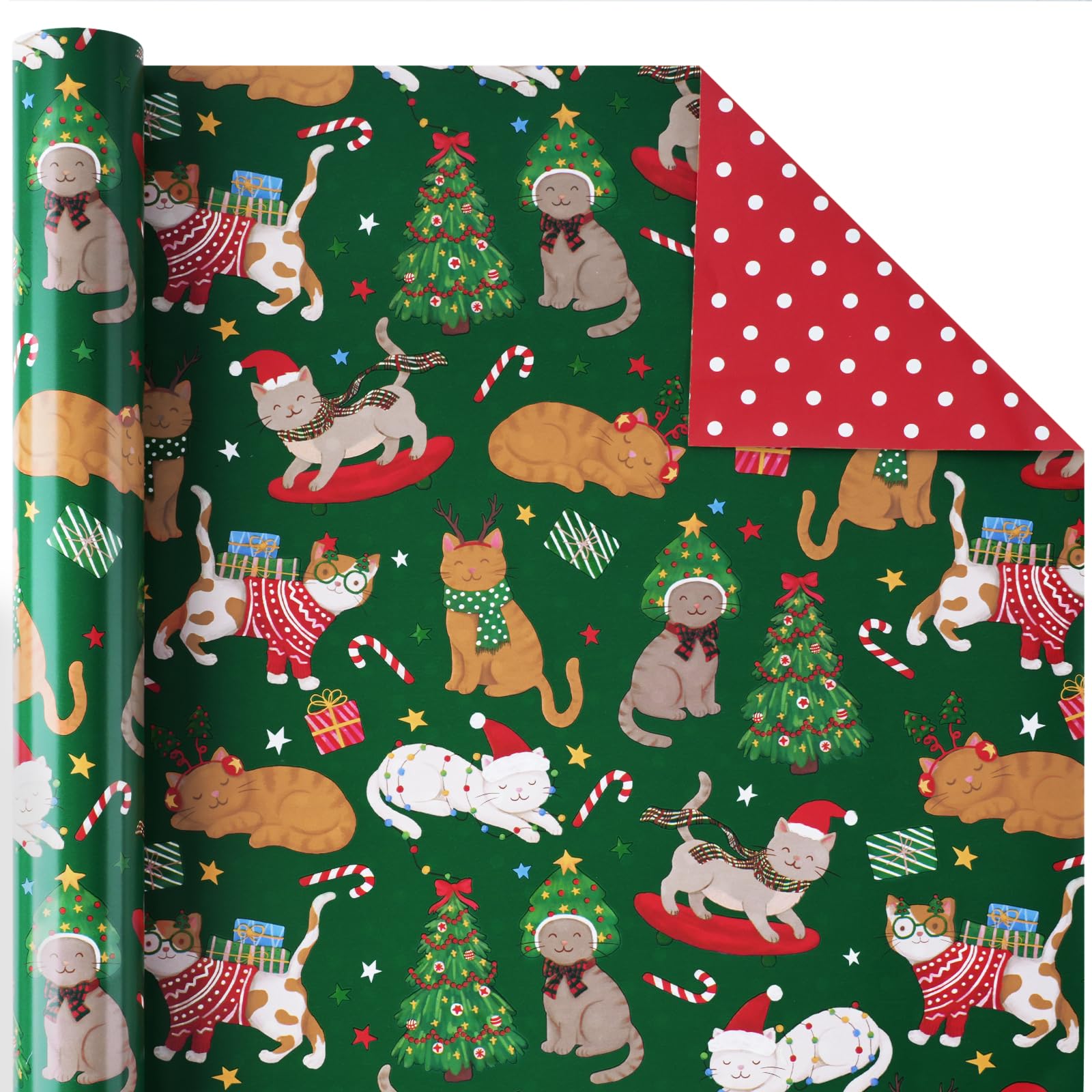BIOBROWN Reversible Cat Christmas Wrapping Paper Roll Pet,43cm x 10m
