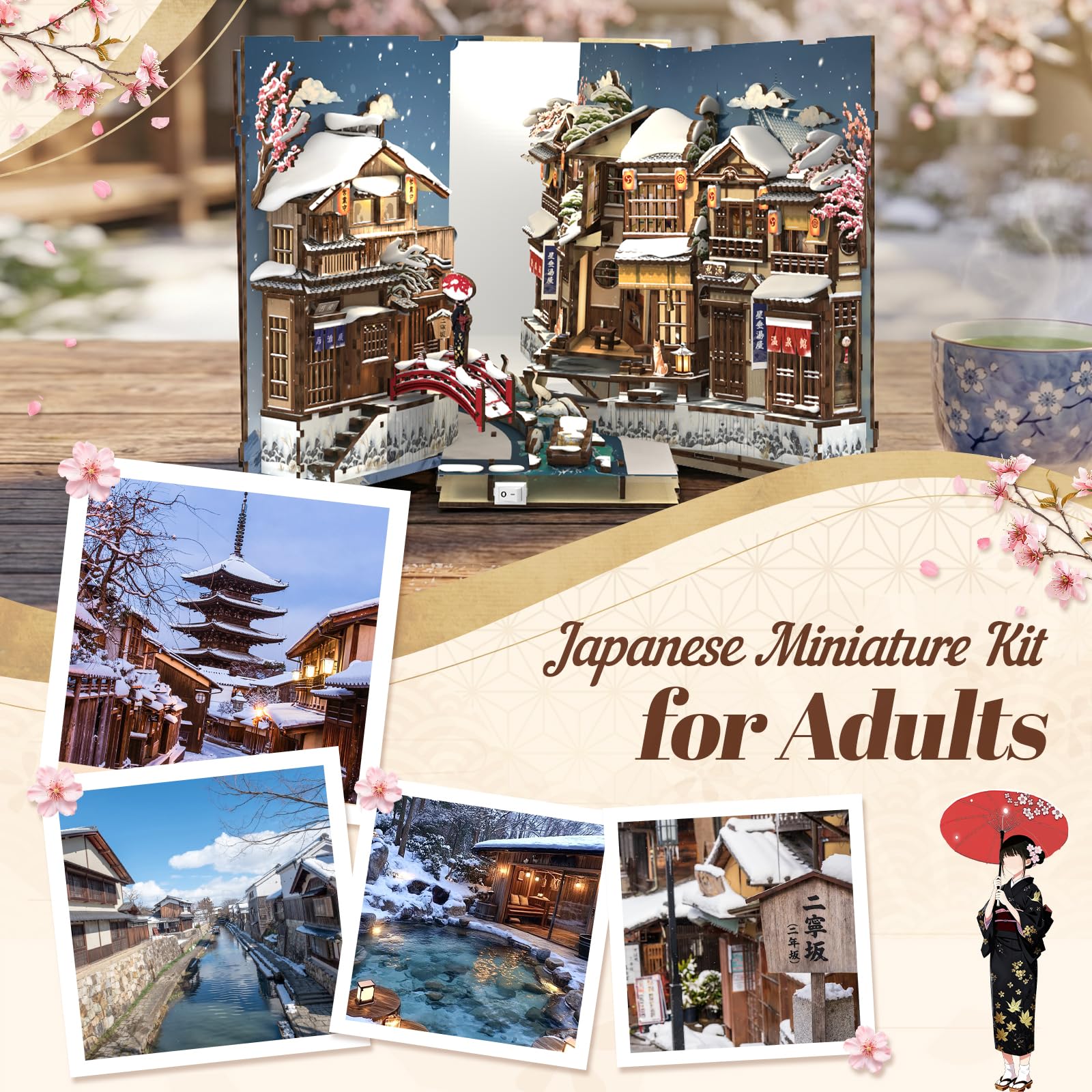 Fsolis Zestaw Book Nook - Kyoto śnieżna nocna scena domku dla lalek, drewniany zestaw puzzli 3D, dekoracja regału, prezent dla dorosłych (szept śniegu z Kioto)