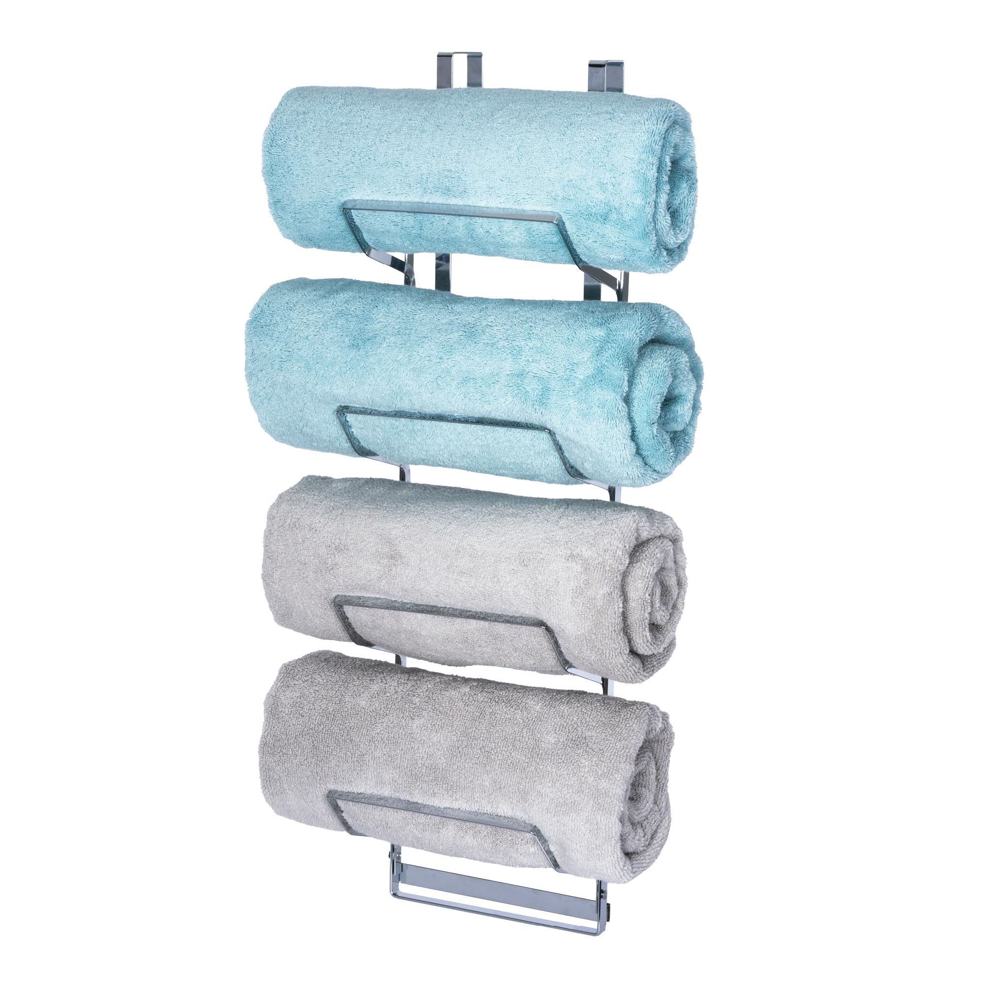 Livivo Unisex Metallic Silver Over Door Towel Holder Rack Chrome 4 Tier Storage In