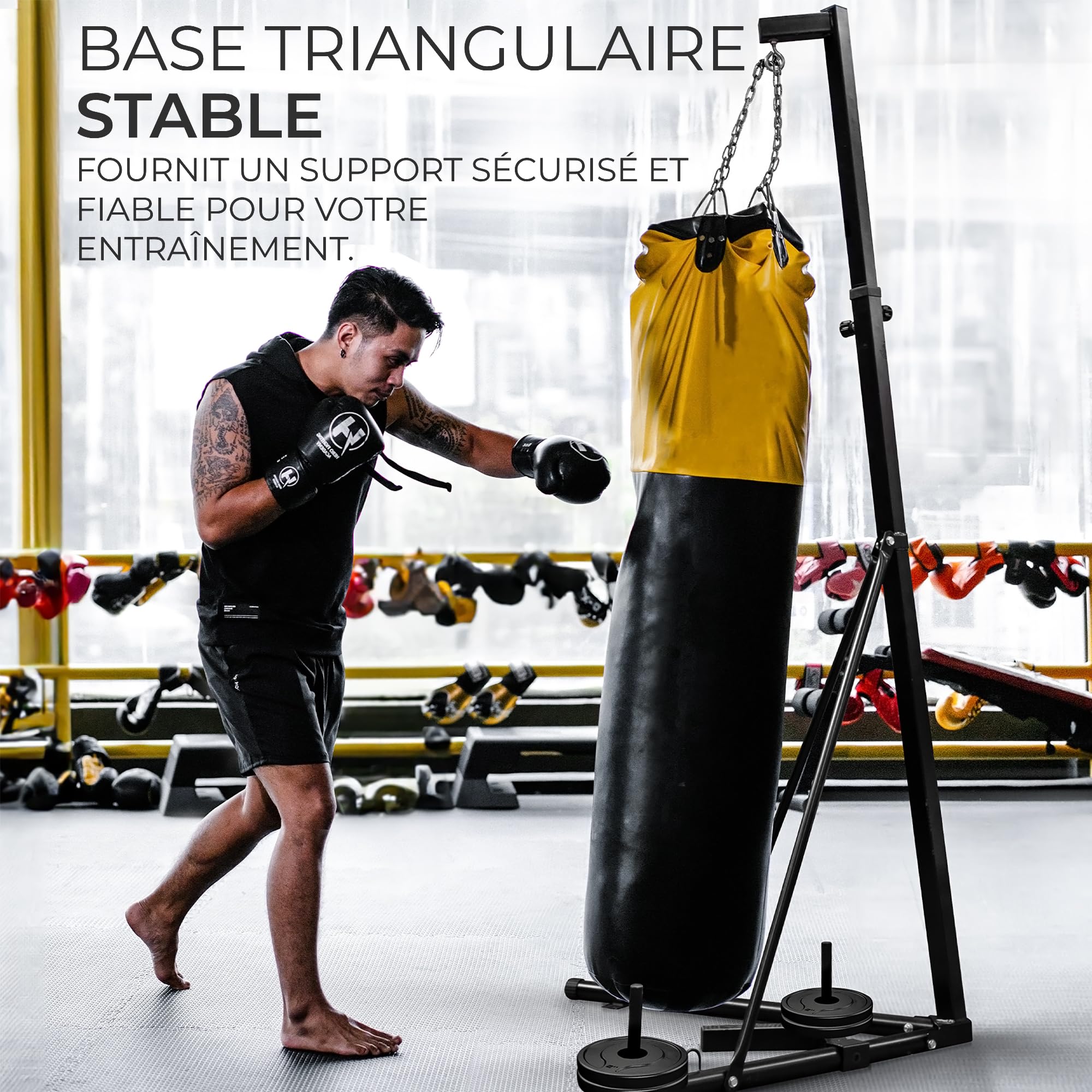 Support de Sac de Frappe Pliable en Acier - 68 kg de Charge - Hauteur Réglable 182-230 cm - Autoportant & Base Triangulaire - Boxe, Fitness, Arts Martiaux Boxing Porte Punching Bag