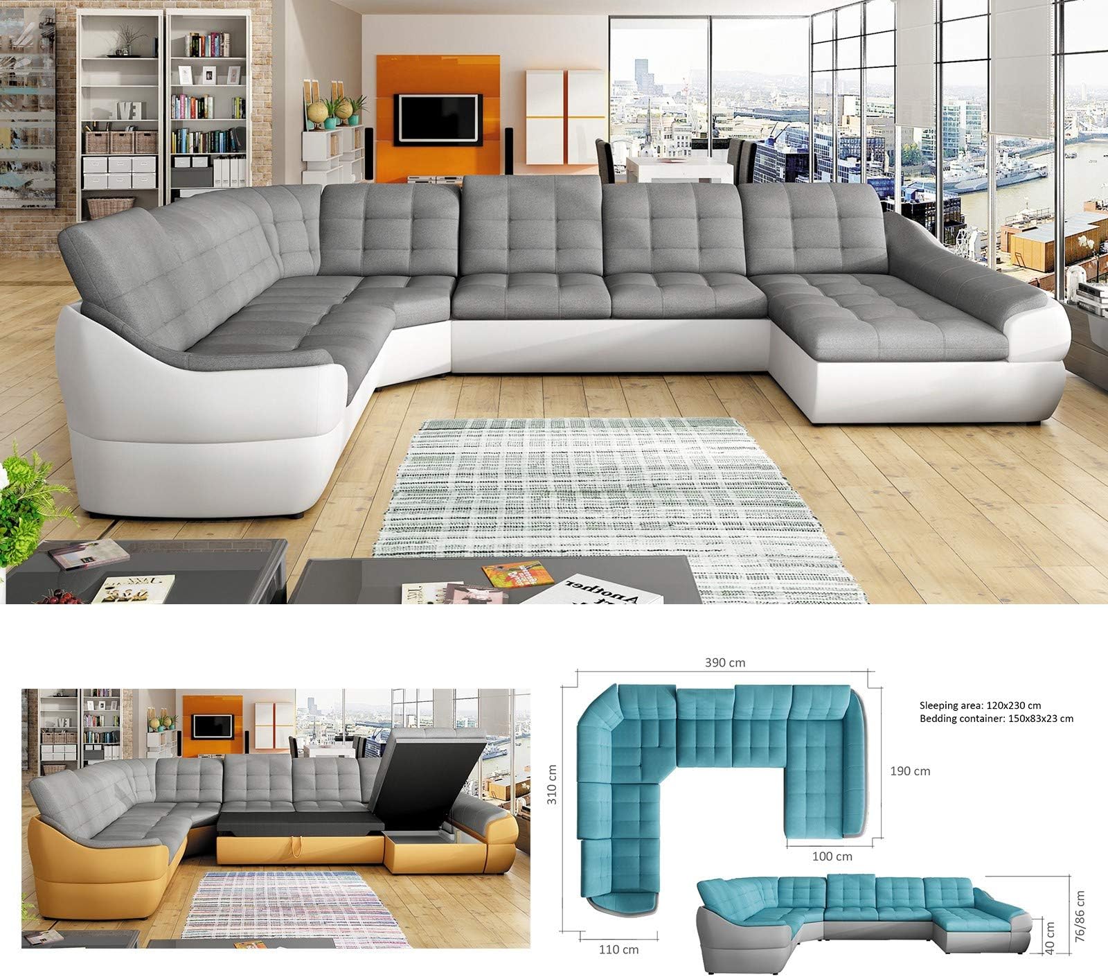 BMF "INFINITY XL FP 6-SEATER EXTRA LARGE FAUX LEATHER & FABRIC U SHAPE CORNER SOFA BED COMFORT - RIGHT FACING - 390cm x 310cm