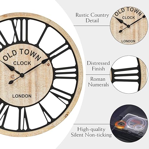 Miniatura 7 de Reloj de pared grande  Reloj de pared decorativo de estilo rústico estilo granja, diseño de números romanos rústicos, reloj de pared de madera con