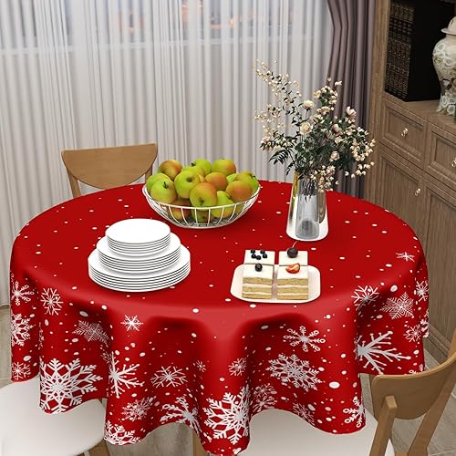 Miniatura 6 de Christmas Round Tablecloth 60 Inch, Merry Christmas Snowflake Round Table Cloth Outdoor Waterproof Christmas Tablecloths Red Xmas Cover Holiday