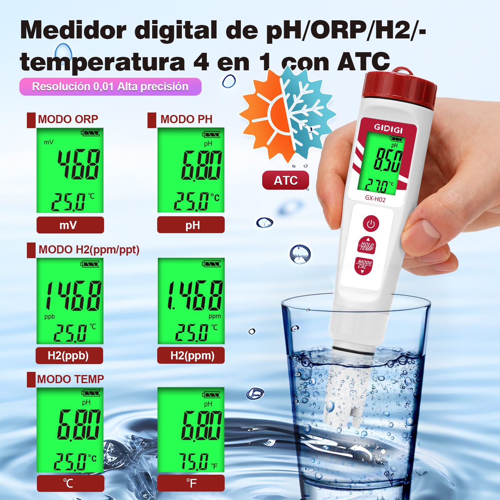 Probador de Hidrógeno de Agua Hidrogenada y Medidor ph Agua Potable, Medidor H2 y ORP de Agua 4 en 1, Medidor de Agua Hidrogenada para Botella de Agua de Hidrógeno, Agua Potable, Hidropónica
